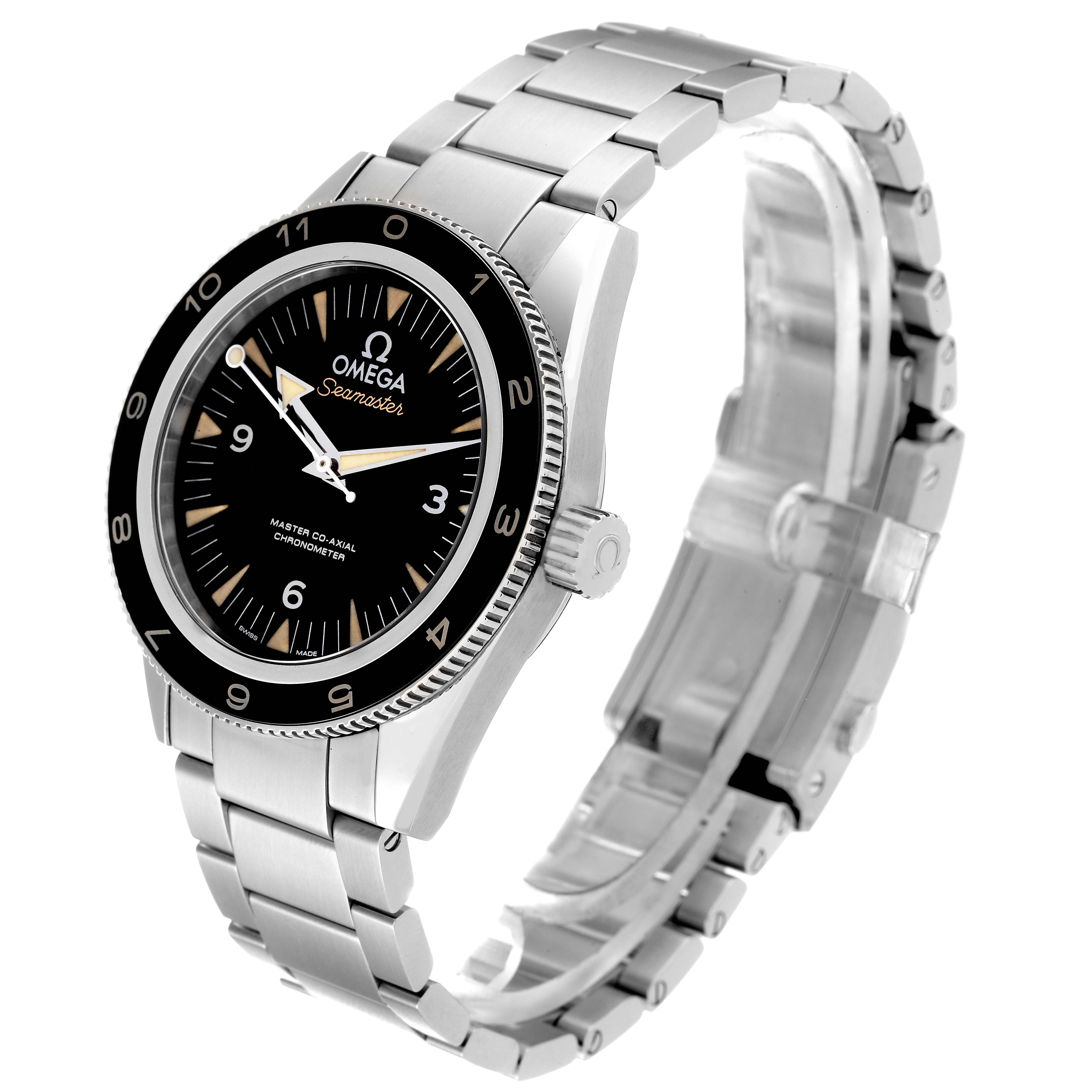 The Omega Seamaster 233.32.41.21.01.001 Men's Stainless Steel Black Dial 233.32.41.21.01.001 Men's Stainless Steel Black Dial watch is shown at a three-quarter angle, highlighting the face, bezel, and metal bracelet.