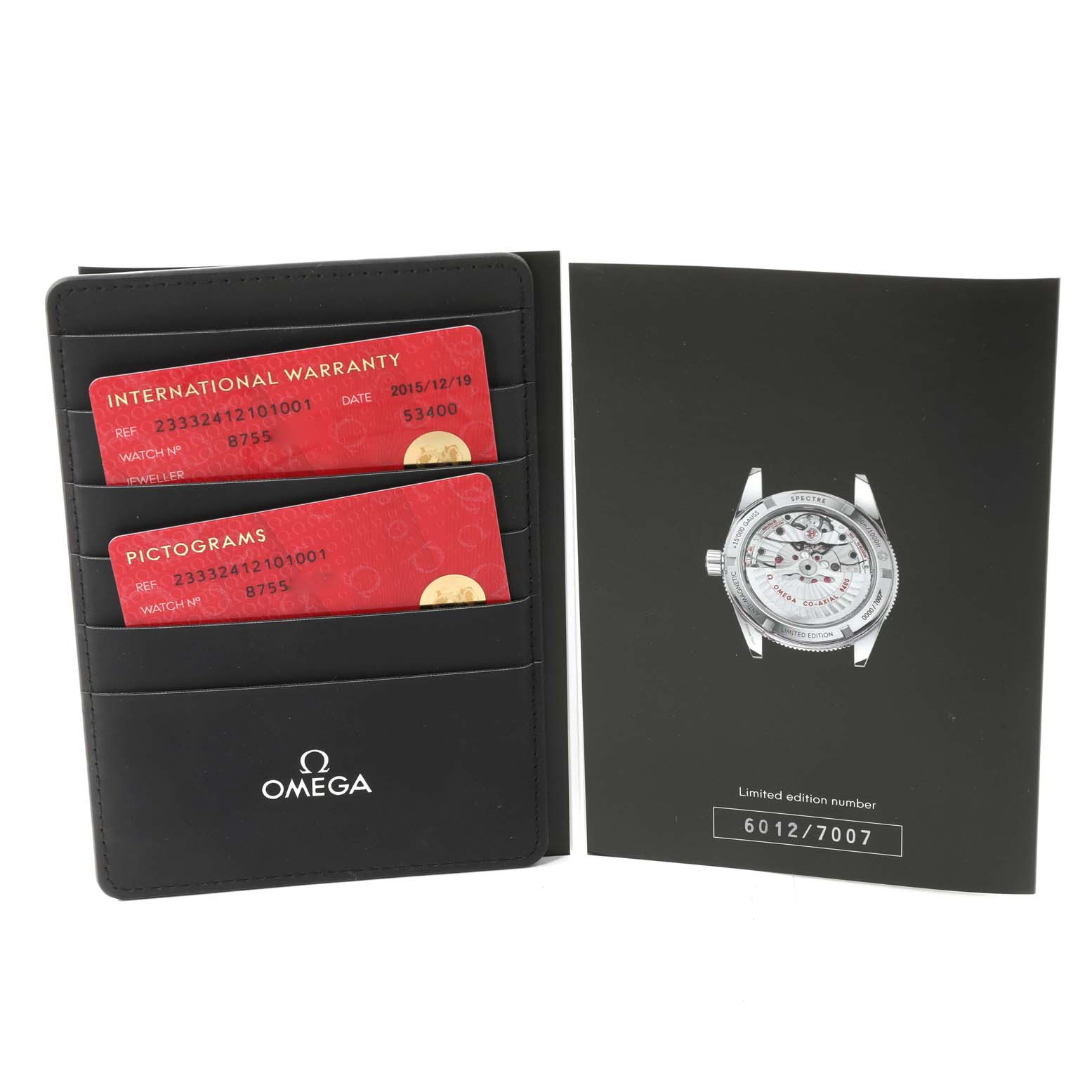 The image shows the international warranty cards and a booklet for the Omega Seamaster 233.32.41.21.01.001 Men's Stainless Steel Black Dial 233.32.41.21.01.001 Men's Stainless Steel Black Dial watch.