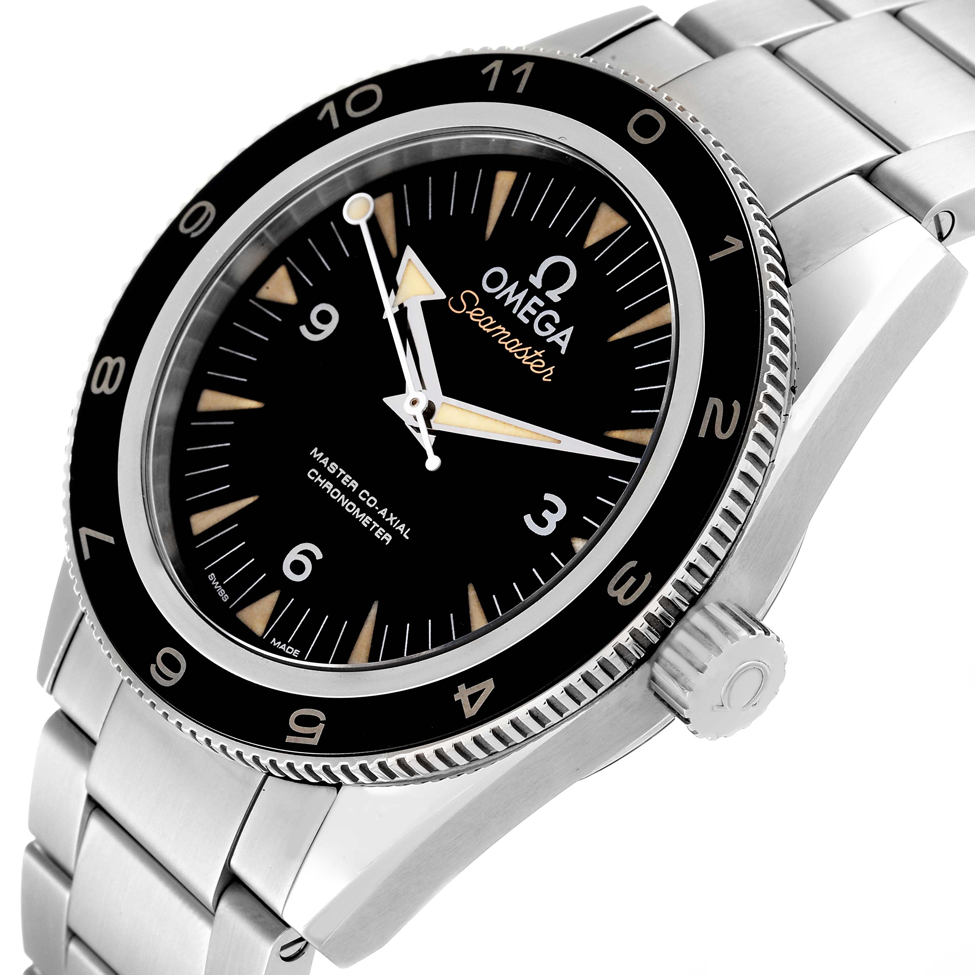 The image shows an angled view of the Omega Seamaster 233.32.41.21.01.001 Men's Stainless Steel Black Dial 233.32.41.21.01.001 Men's Stainless Steel Black Dial watch, highlighting the dial, bezel, crown, and part of the bracelet.