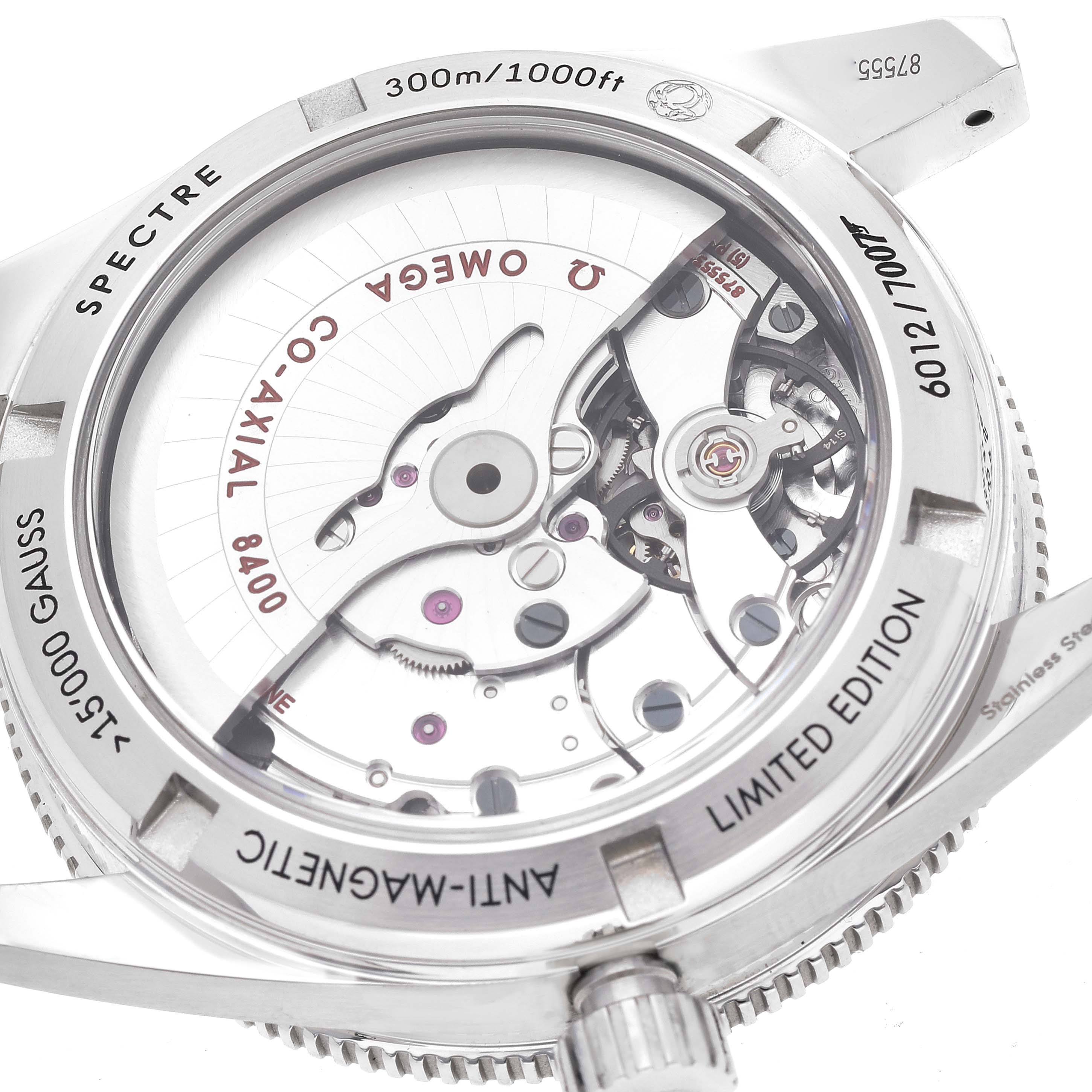 The image shows the back of an Omega Seamaster 233.32.41.21.01.001 Men's Stainless Steel Black Dial 233.32.41.21.01.001 Men's Stainless Steel Black Dial model, highlighting the movement and engraving details.