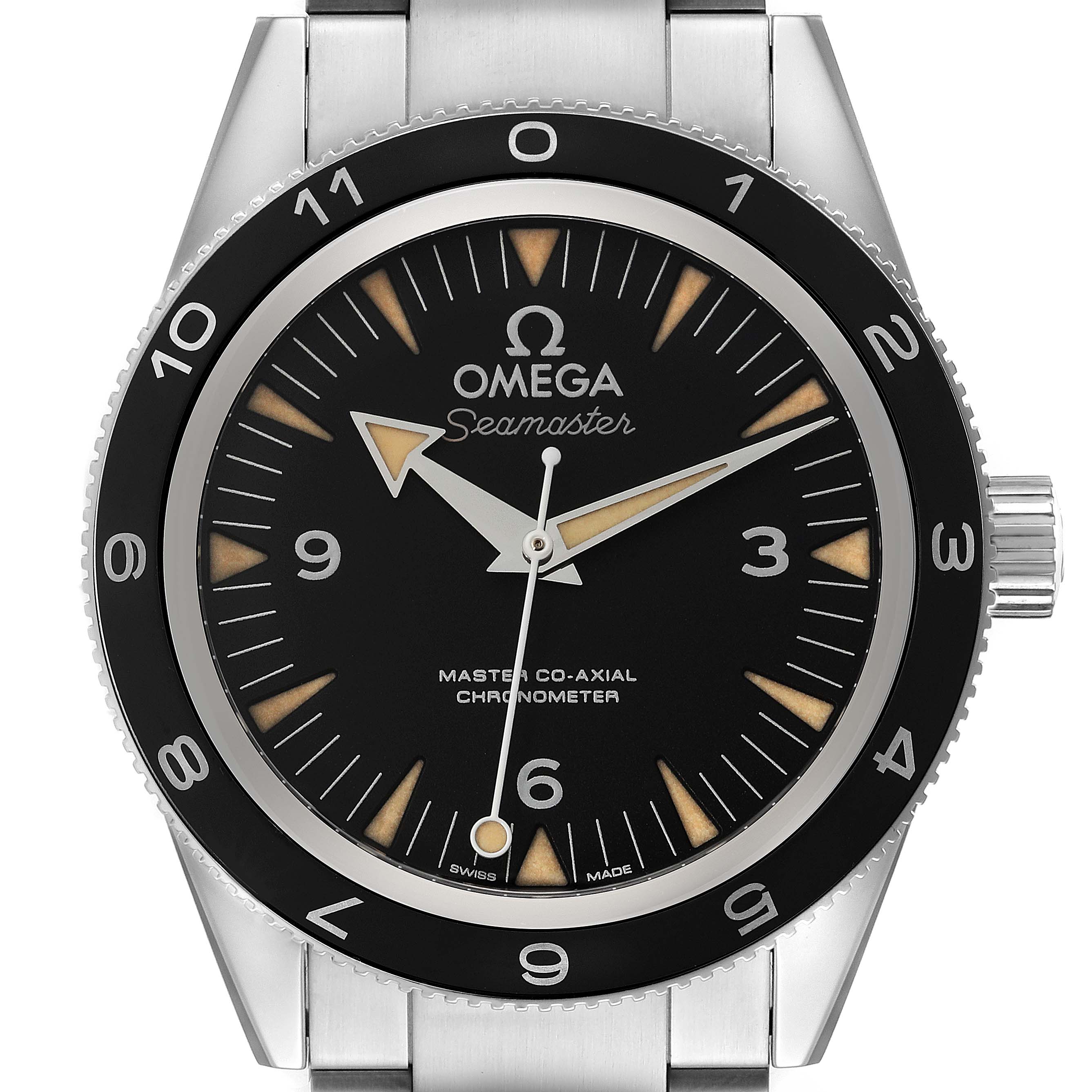 This is a front view of the Omega Seamaster 233.32.41.21.01.001 Men's Stainless Steel Black Dial 233.32.41.21.01.001 Men's Stainless Steel Black Dial watch, showcasing its black dial, luminous hands and markers, and stainless steel case.