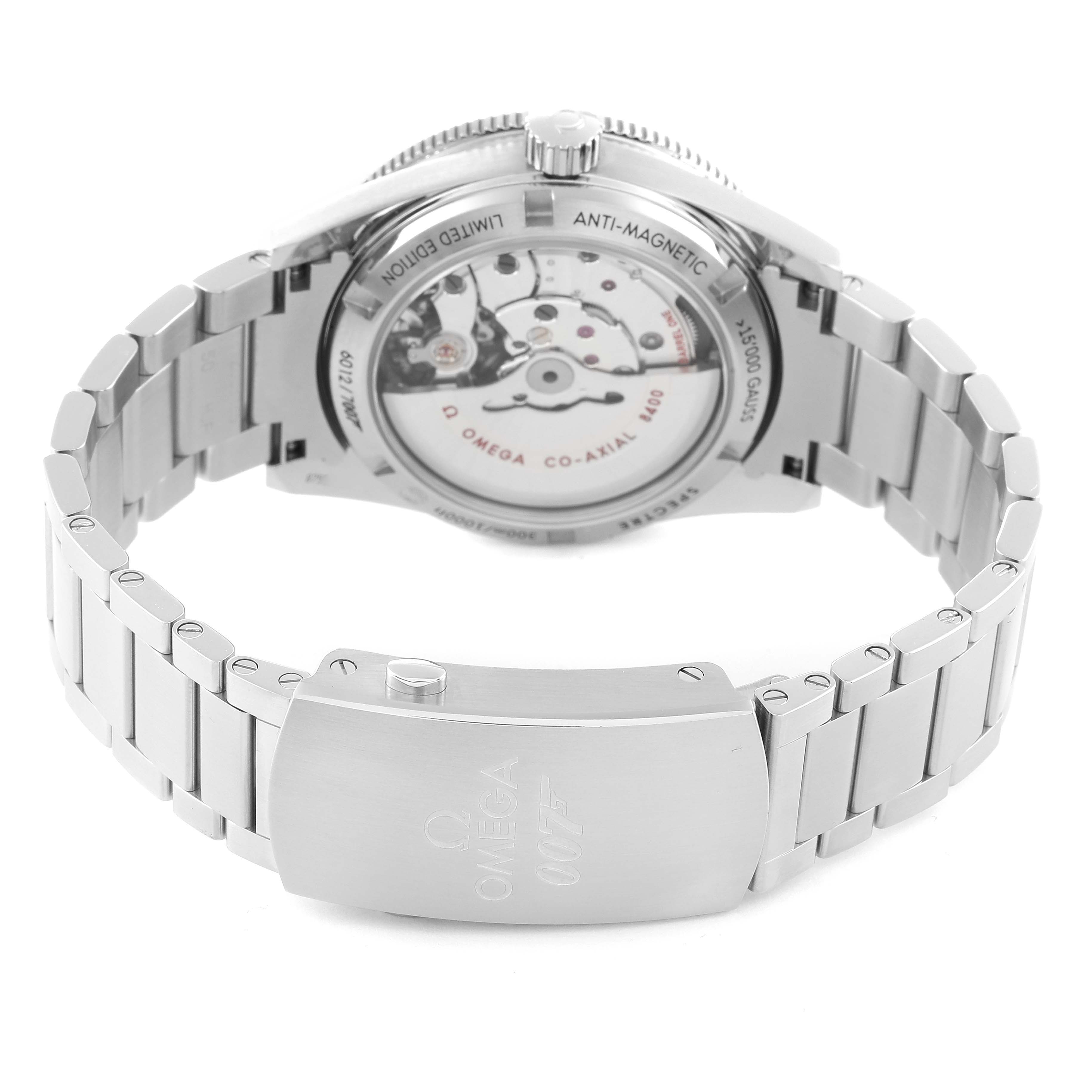 The image shows the back and bracelet of an Omega Seamaster 233.32.41.21.01.001 Men's Stainless Steel Black Dial 233.32.41.21.01.001 Men's Stainless Steel Black Dial watch, highlighting its metal strap and transparent case back.