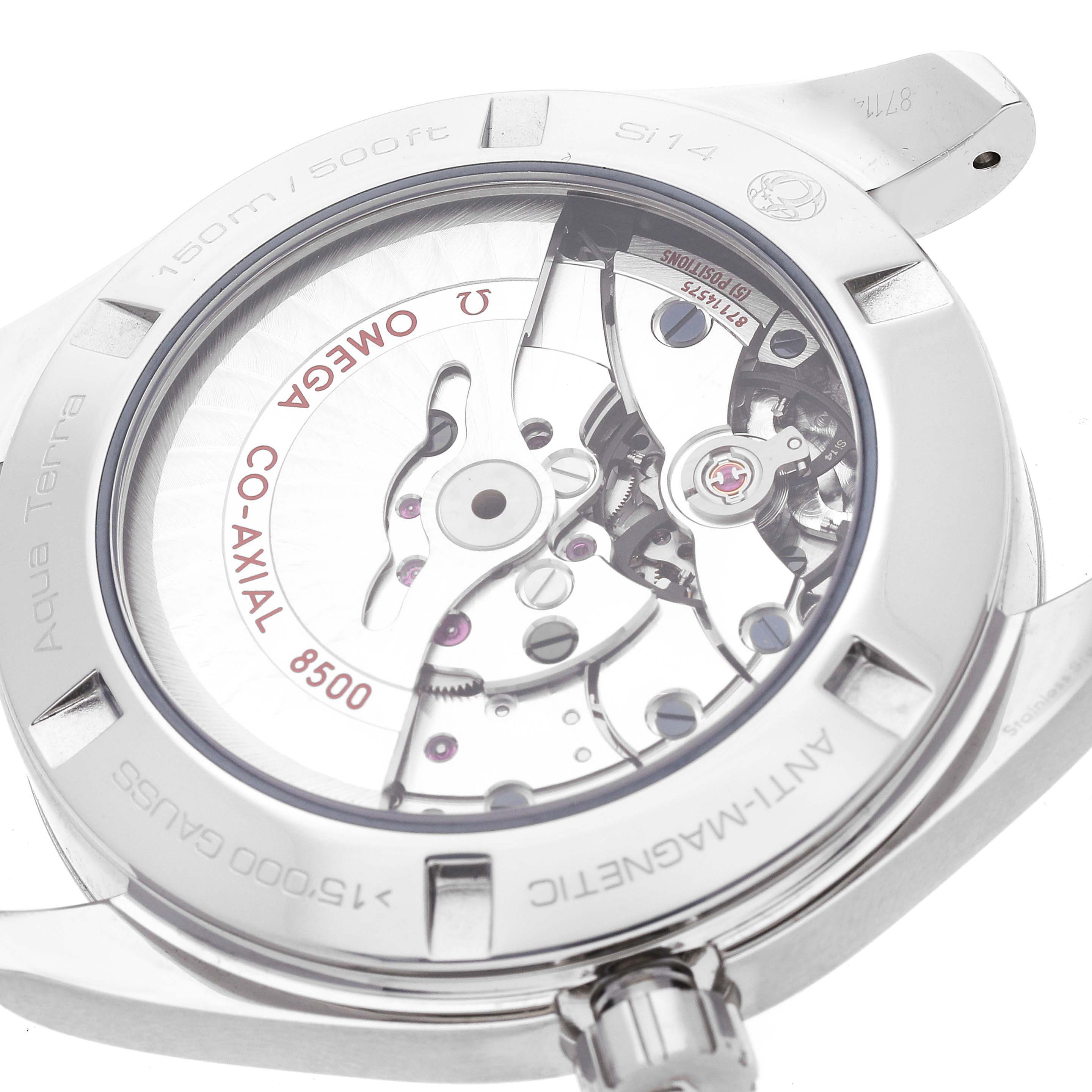 The image shows the back of the Omega Aqua Terra 231.10.42.21.01.004 Men's Stainless Steel Black Dial 231.10.42.21.01.004 Men's Stainless Steel Black Dial watch, highlighting its mechanical movement and specifications.