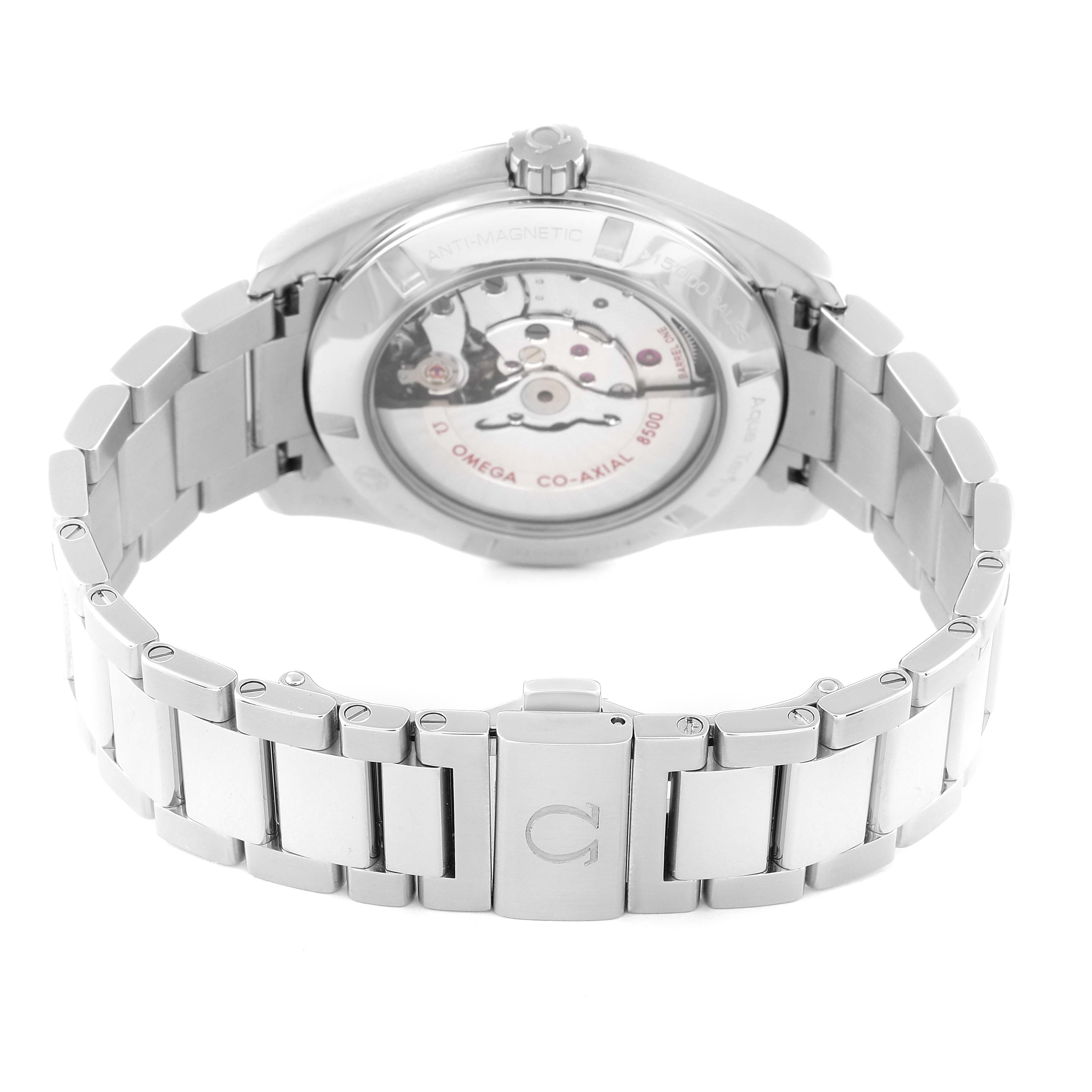 The image shows the back of an Omega Aqua Terra 231.10.42.21.01.004 Men's Stainless Steel Black Dial 231.10.42.21.01.004 Men's Stainless Steel Black Dial watch, highlighting its transparent case back and stainless steel bracelet.