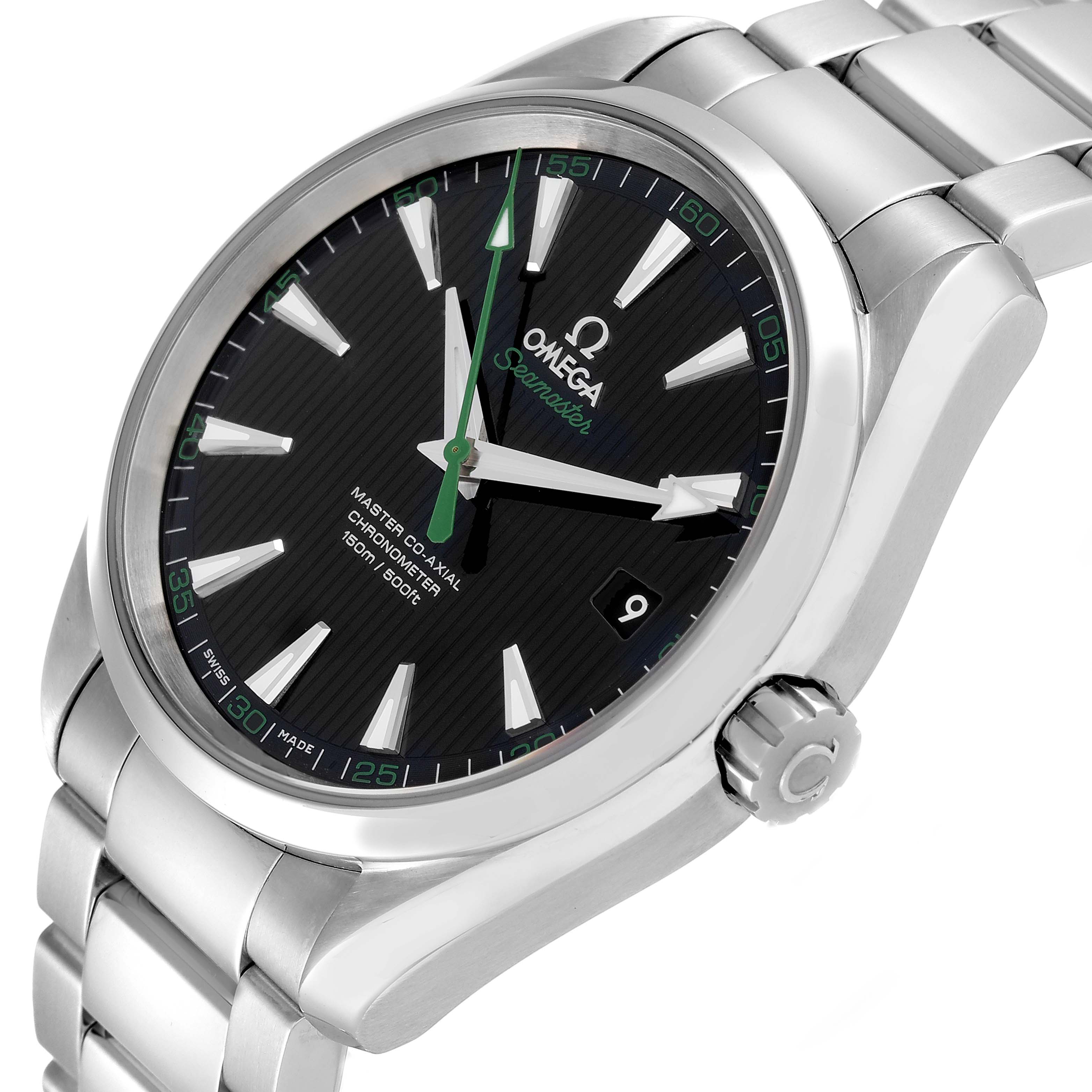 The image shows an Omega Aqua Terra 231.10.42.21.01.004 Men's Stainless Steel Black Dial 231.10.42.21.01.004 Men's Stainless Steel Black Dial Seamaster watch at a slight angle, highlighting the face, bezel, bracelet, and crown.