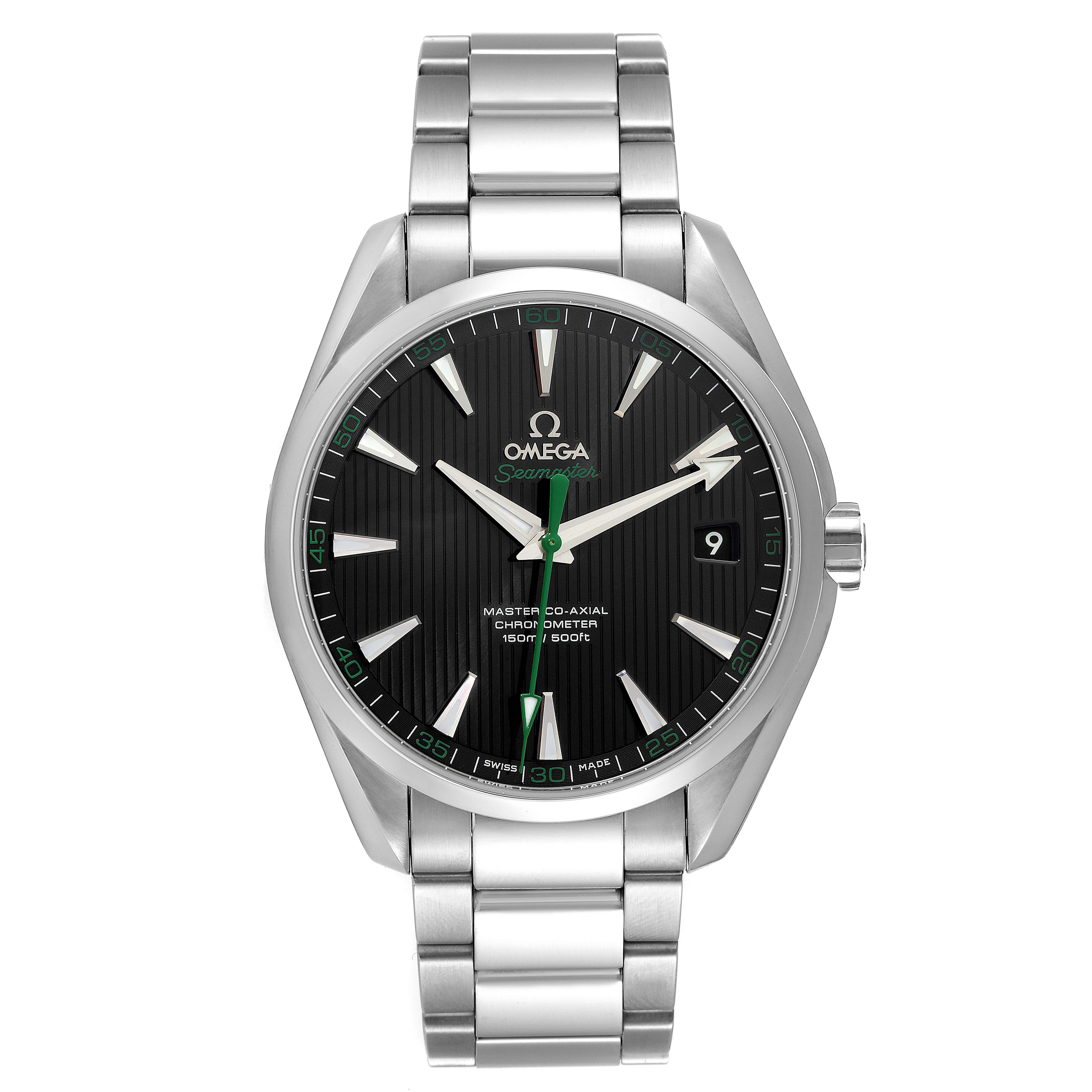 This image shows a front view of the Omega Aqua Terra 231.10.42.21.01.004 Men's Stainless Steel Black Dial 231.10.42.21.01.004 Men's Stainless Steel Black Dial watch, displaying its face, dial, hands, bracelet, and crown.