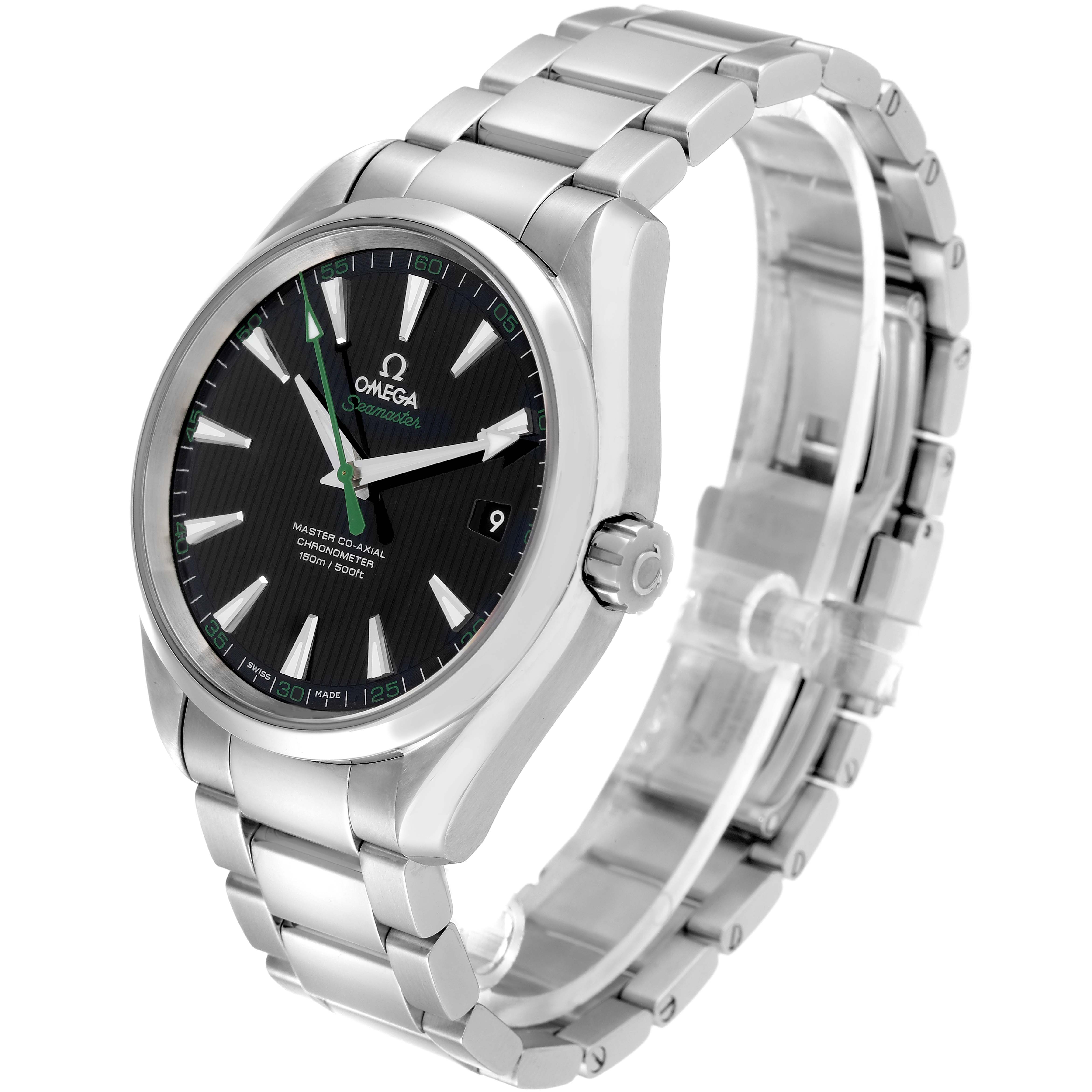 The image shows a side angle of the Omega Aqua Terra 231.10.42.21.01.004 Men's Stainless Steel Black Dial 231.10.42.21.01.004 Men's Stainless Steel Black Dial watch, highlighting the face, bezel, crown, and metal bracelet.