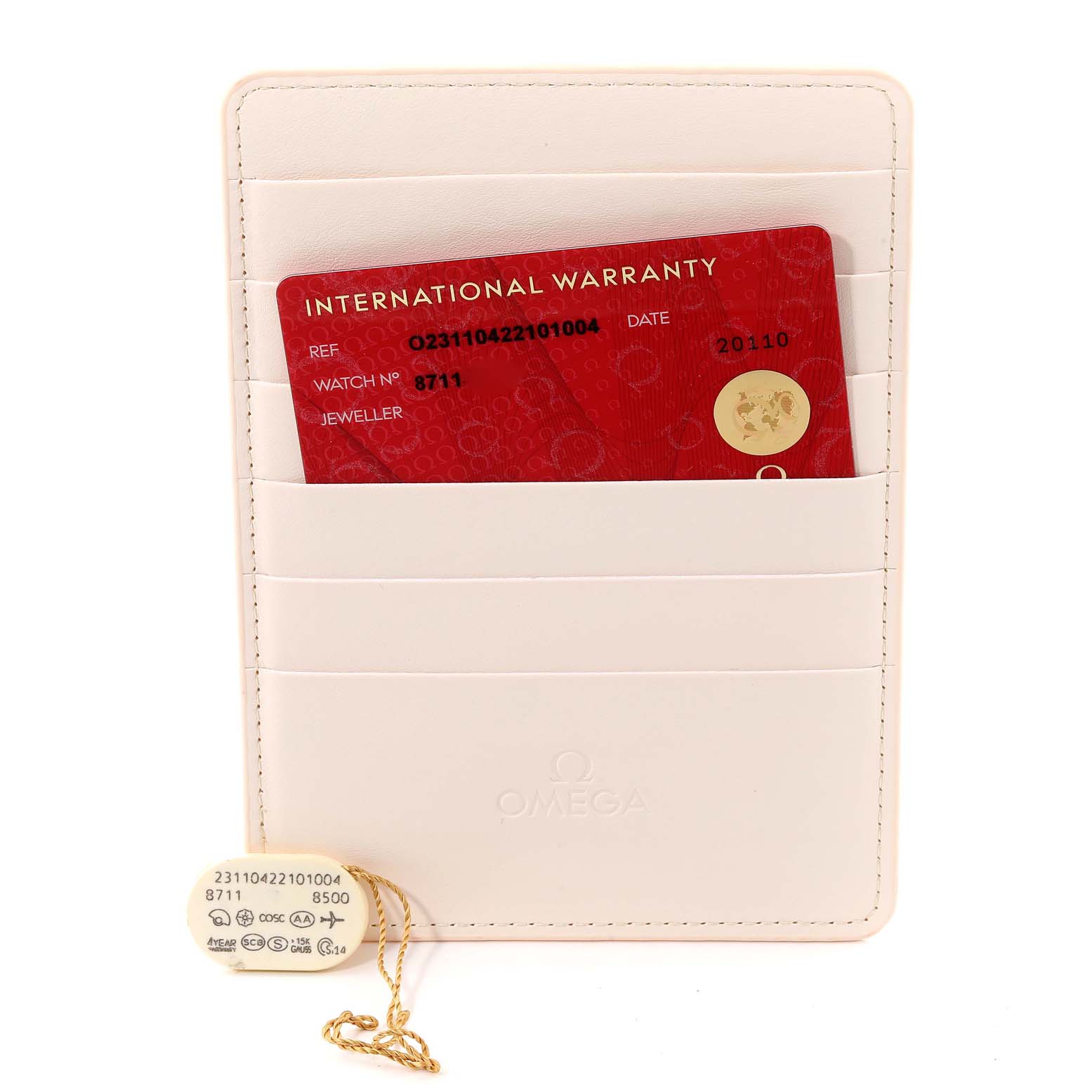 This image shows a warranty card and tag for the Omega Aqua Terra 231.10.42.21.01.004 Men's Stainless Steel Black Dial 231.10.42.21.01.004 Men's Stainless Steel Black Dial watch, placed in a white cardholder.