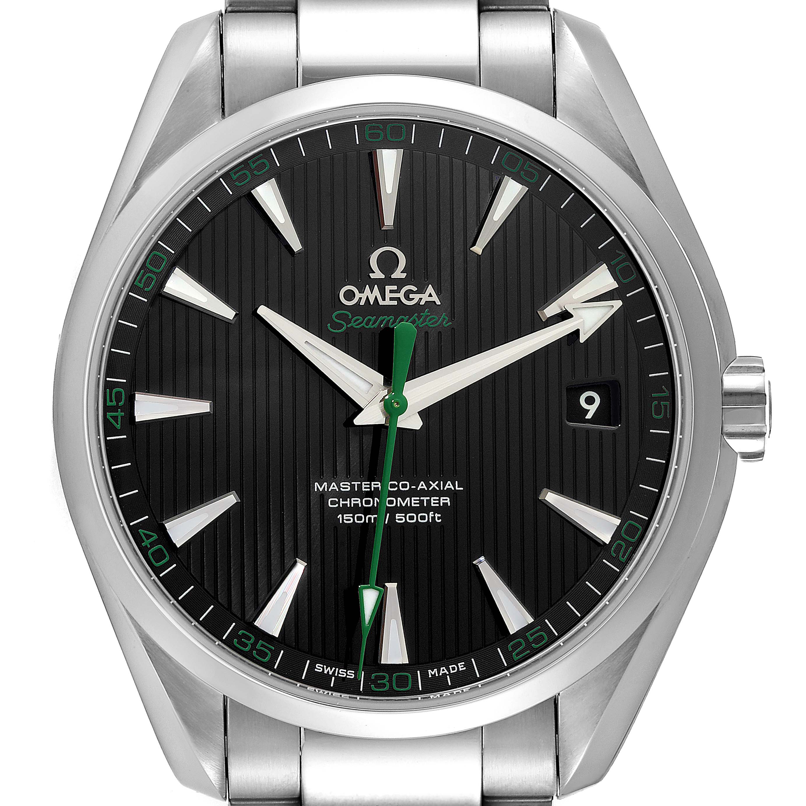 This image shows a front view of the Omega Aqua Terra 231.10.42.21.01.004 Men's Stainless Steel Black Dial 231.10.42.21.01.004 Men's Stainless Steel Black Dial watch, highlighting its dial, hands, hour markers, and date window.
