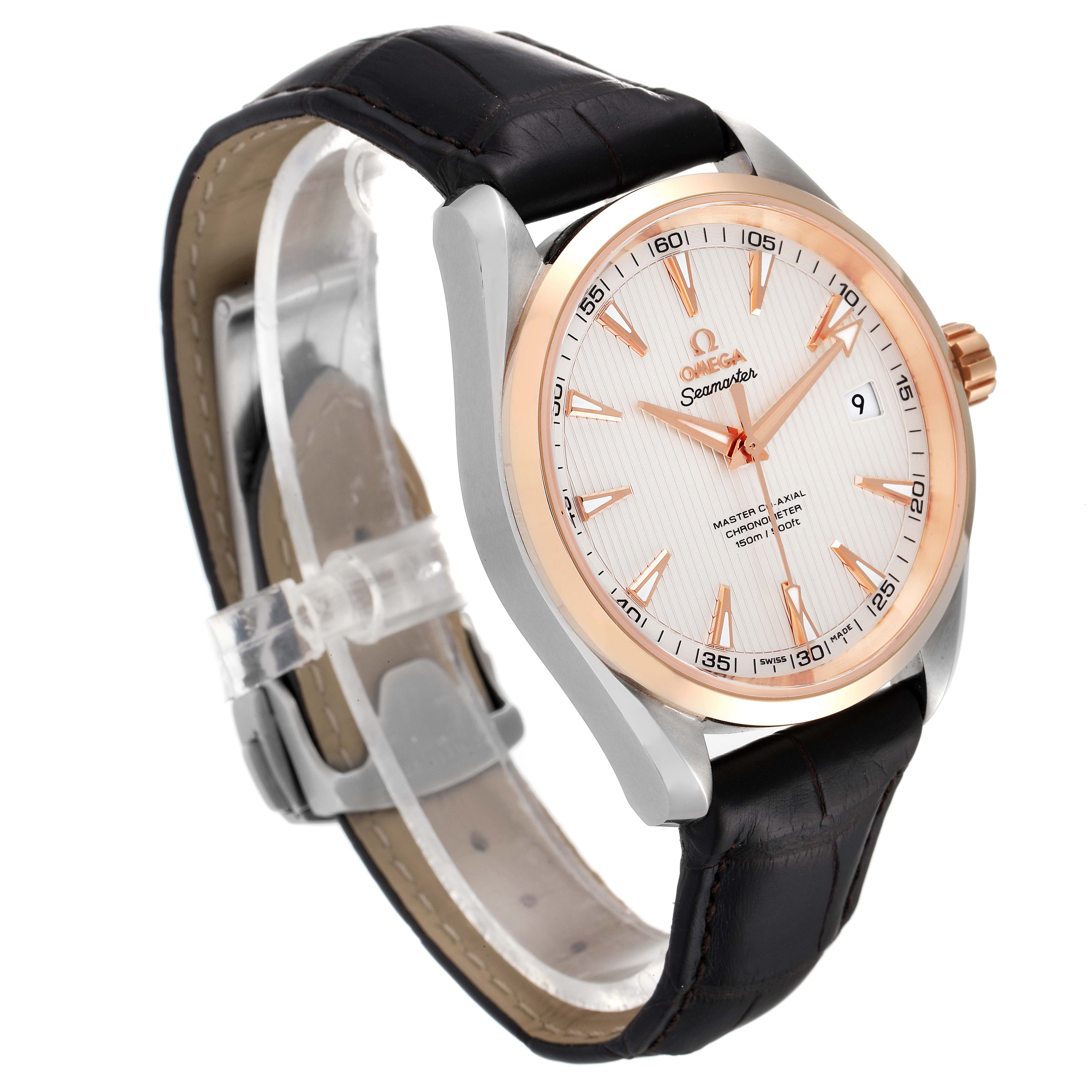 This image shows the Omega Aqua Terra 231.23.42.21.02.001 Men's Steel and Gold (two tone) Silver Dial 231.23.42.21.02.001 Men's Steel and Gold (two tone) Silver Dial watch at a three-quarter angle, highlighting the face, bezel, crown, and leather strap.