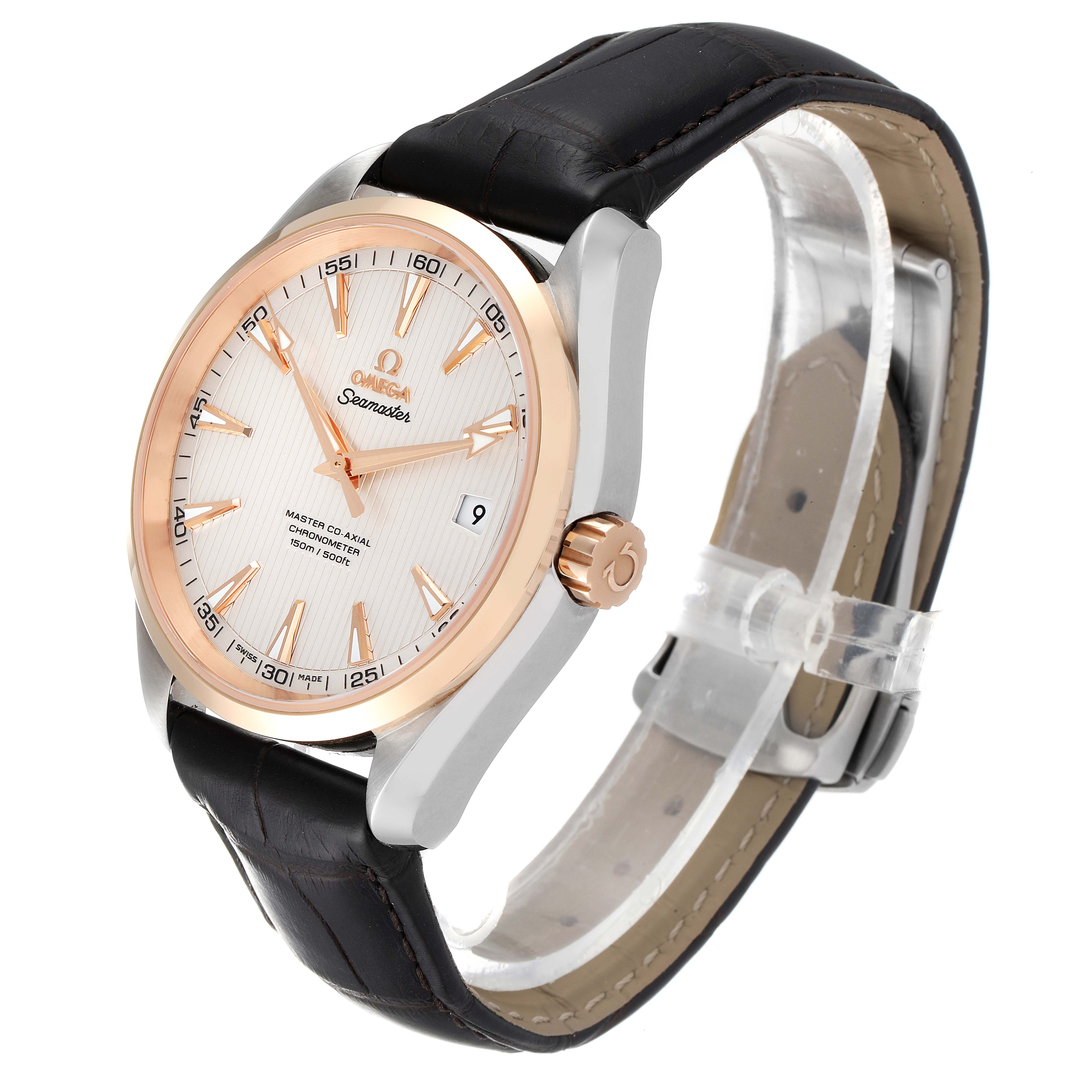 The Aqua Terra Omega watch is shown at a 3/4 angle highlighting the face, crown, and black leather strap.