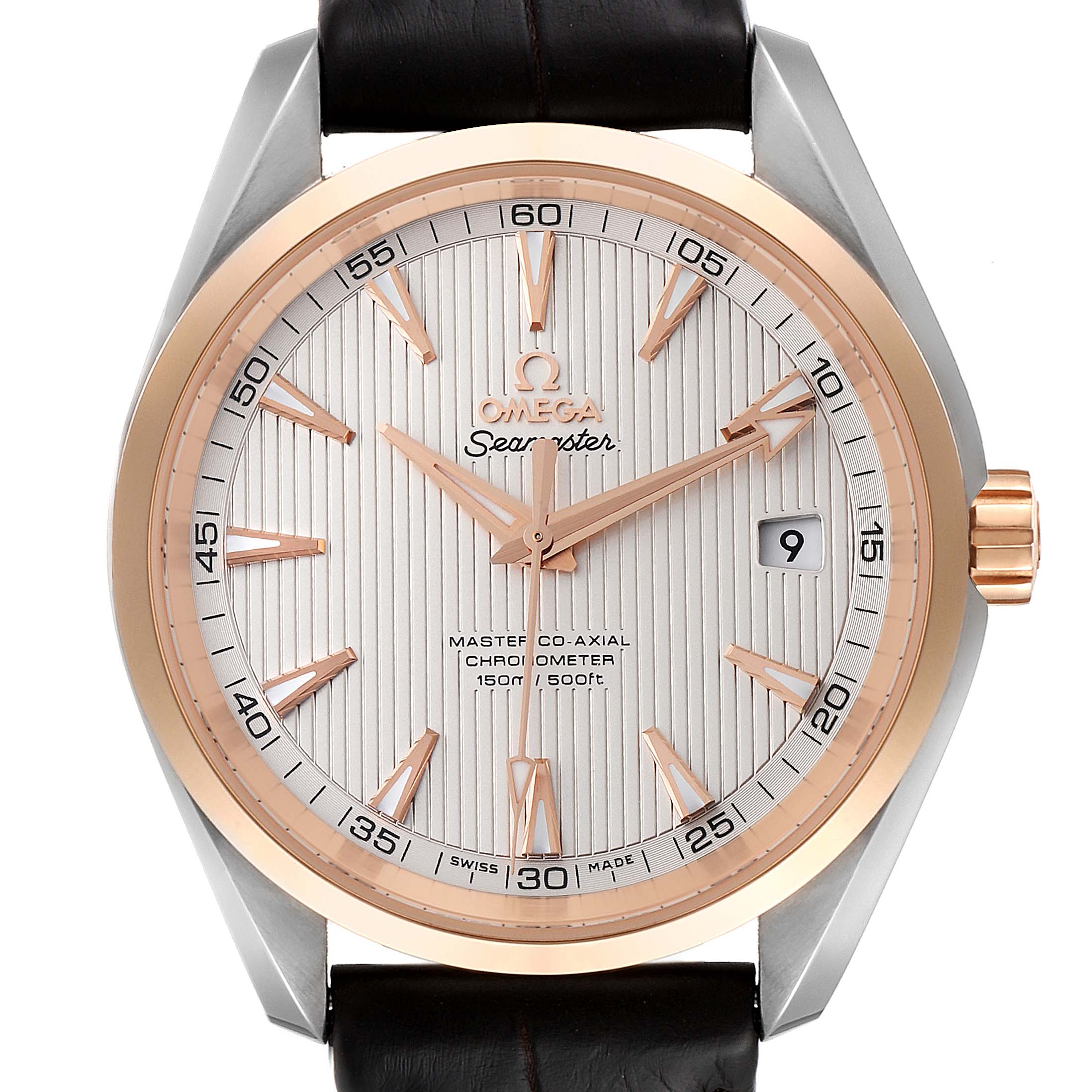 This is a close-up of the Omega Aqua Terra 231.23.42.21.02.001 Men's Steel and Gold (two tone) Silver Dial 231.23.42.21.02.001 Men's Steel and Gold (two tone) Silver Dial watch's face, showing its dial, hands, crown, and leather strap.