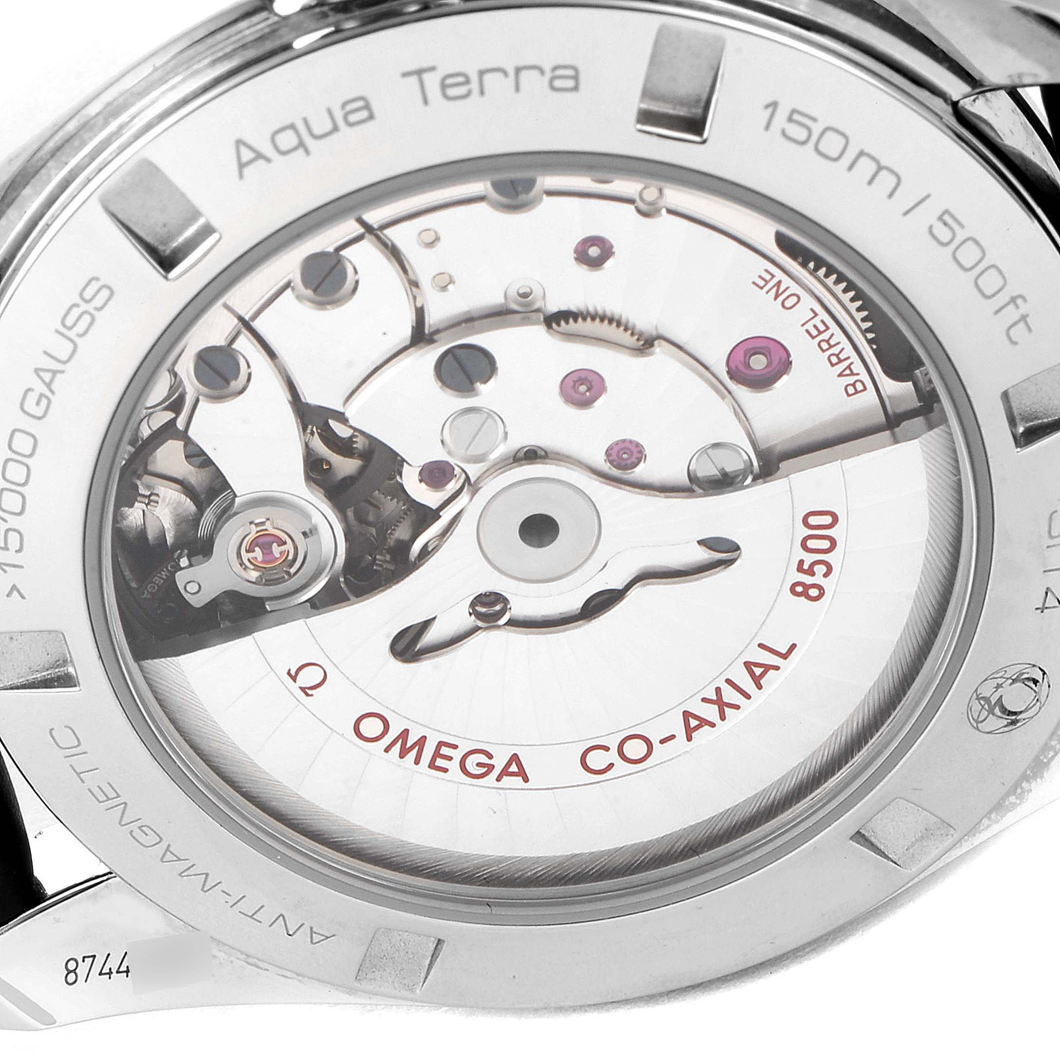 This image shows the back view of the Omega Aqua Terra 231.23.42.21.02.001 Men's Steel and Gold (two tone) Silver Dial 231.23.42.21.02.001 Men's Steel and Gold (two tone) Silver Dial watch, highlighting its internal mechanisms and the inscribed details.