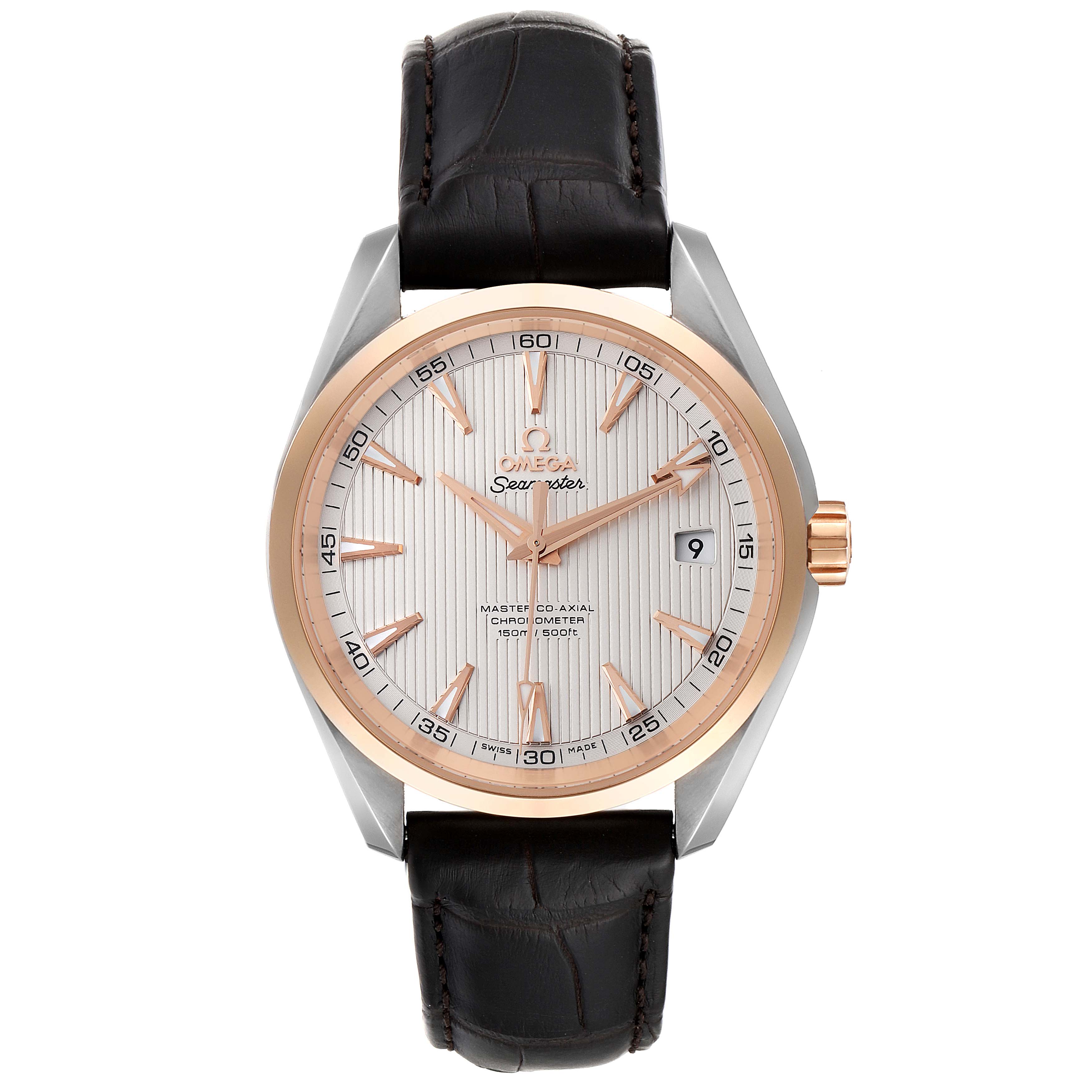 The Omega Aqua Terra 231.23.42.21.02.001 Men's Steel and Gold (two tone) Silver Dial 231.23.42.21.02.001 Men's Steel and Gold (two tone) Silver Dial watch is shown from a front angle, displaying its dial, hands, bezel, crown, and leather strap.