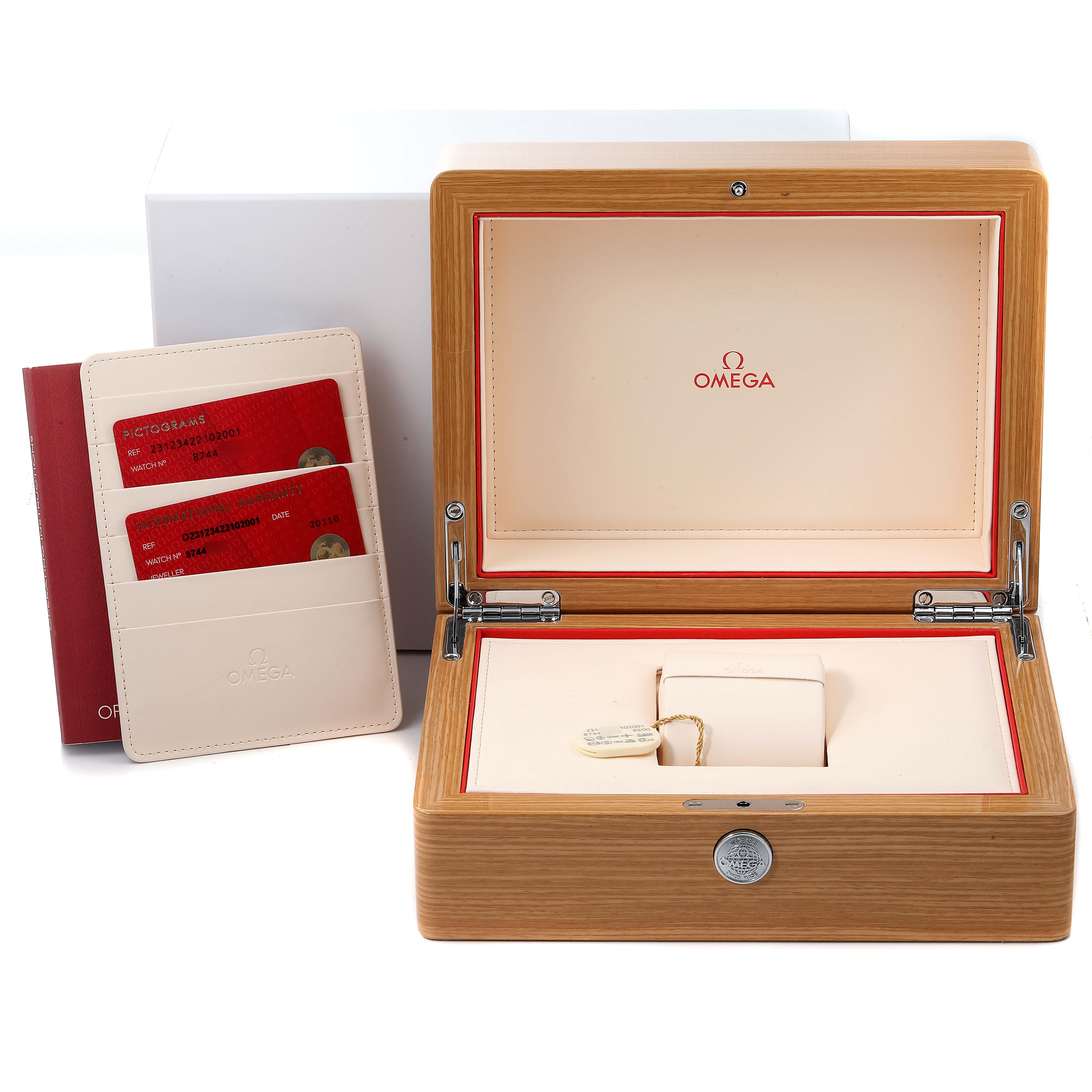 The image shows the original packaging, including a wooden box, and documentation for the Omega Aqua Terra 231.23.42.21.02.001 Men's Steel and Gold (two tone) Silver Dial 231.23.42.21.02.001 Men's Steel and Gold (two tone) Silver Dial watch model.