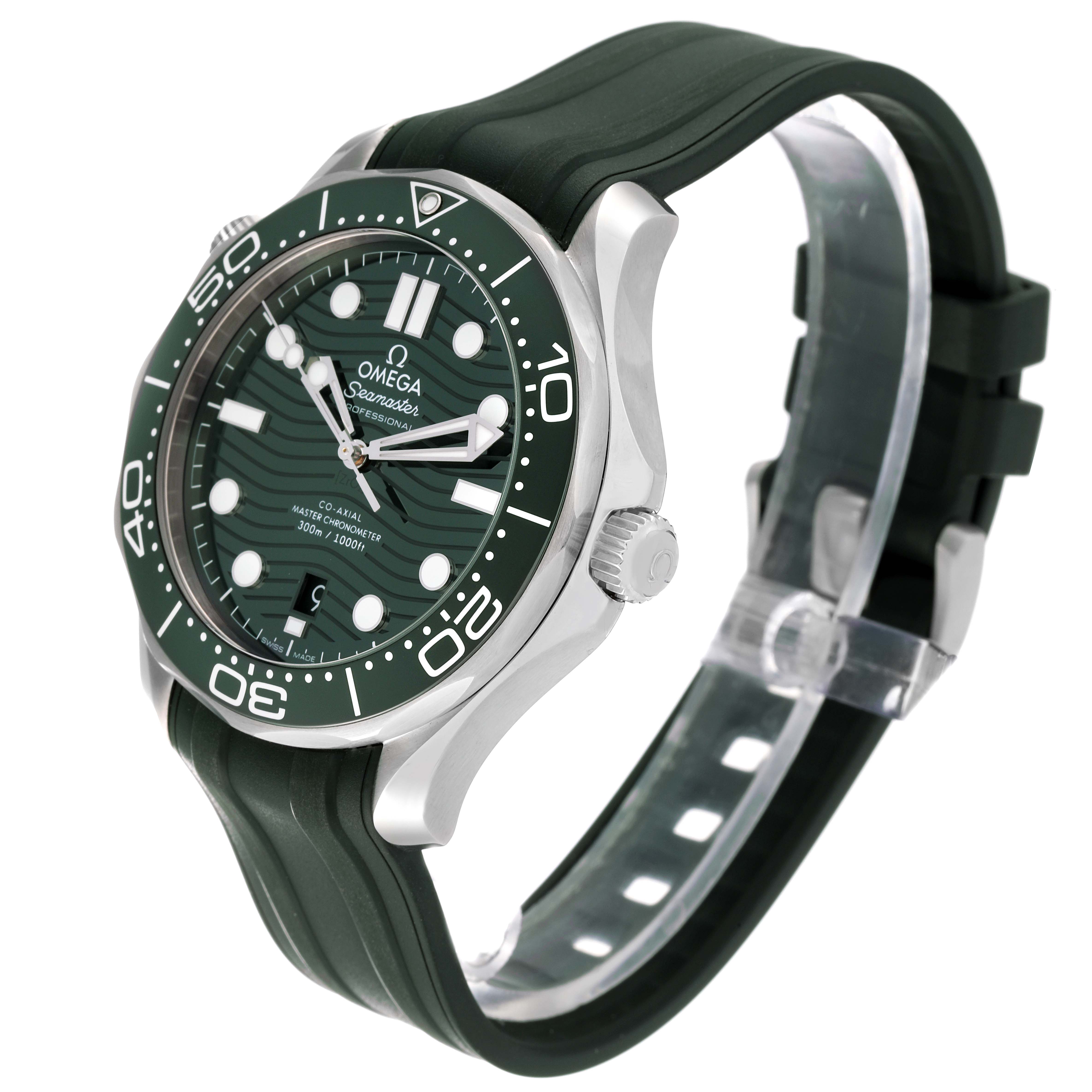 The image shows an Omega Seamaster 55995 Men's Stainless Steel Green Dial 55995 Men's Stainless Steel Green Dial watch at a 3/4 angle, highlighting the front, side, and rubber strap.