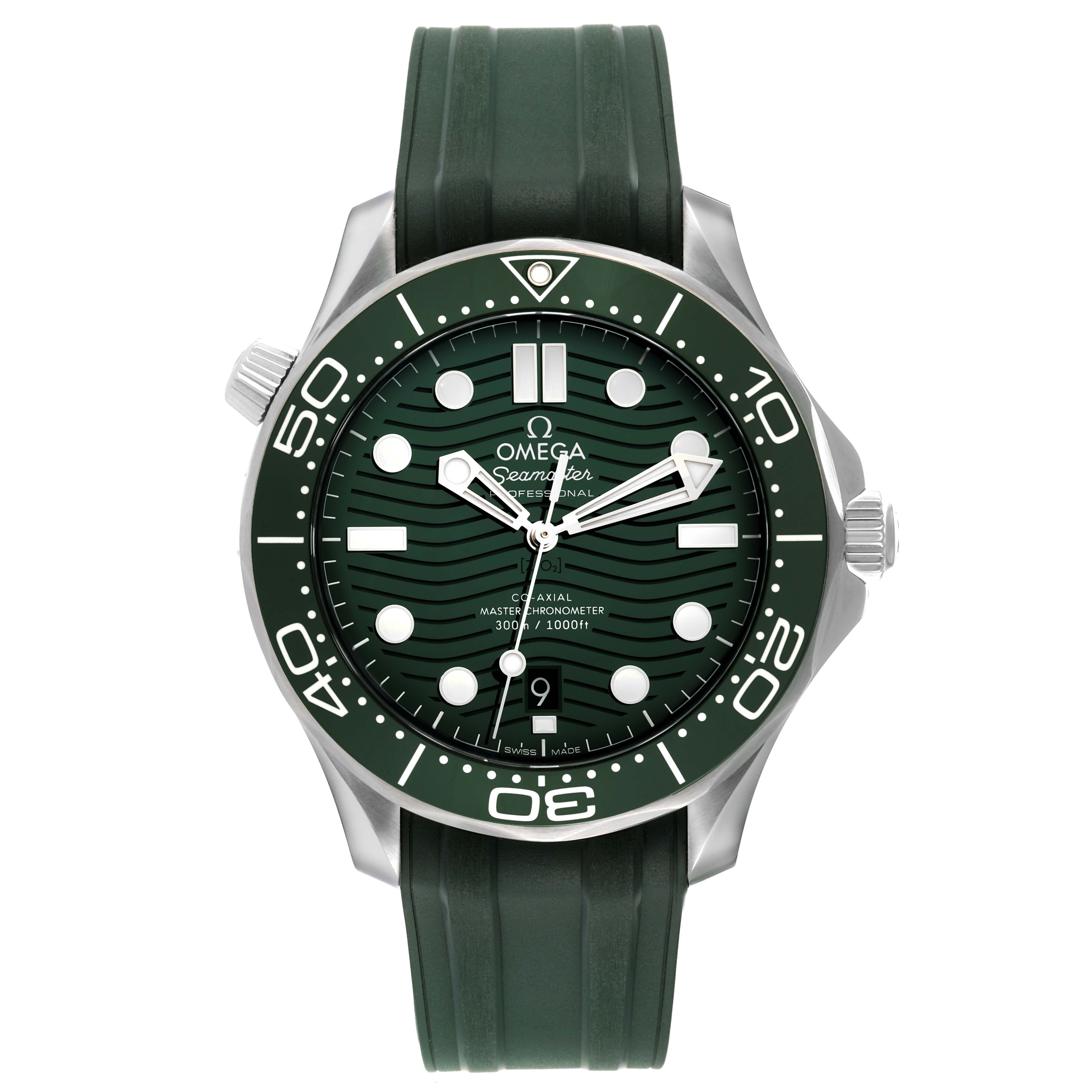 The image shows a front view of the Omega Seamaster 55995 Men's Stainless Steel Green Dial 55995 Men's Stainless Steel Green Dial watch with a green dial, bezel, and rubber strap.