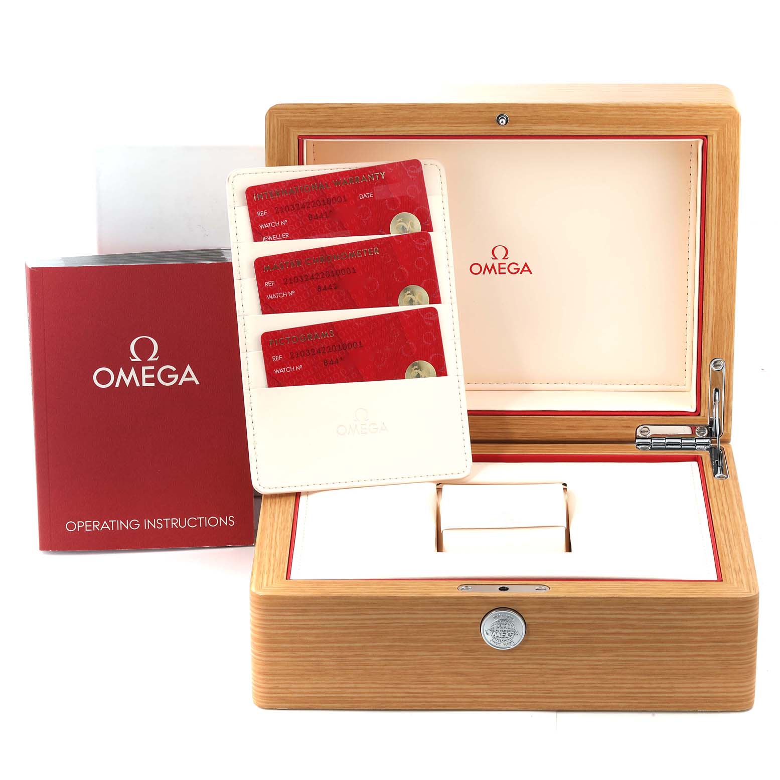 The image shows an Omega Seamaster 55995 Men's Stainless Steel Green Dial 55995 Men's Stainless Steel Green Dial watch box, operating instructions, and warranty cards.