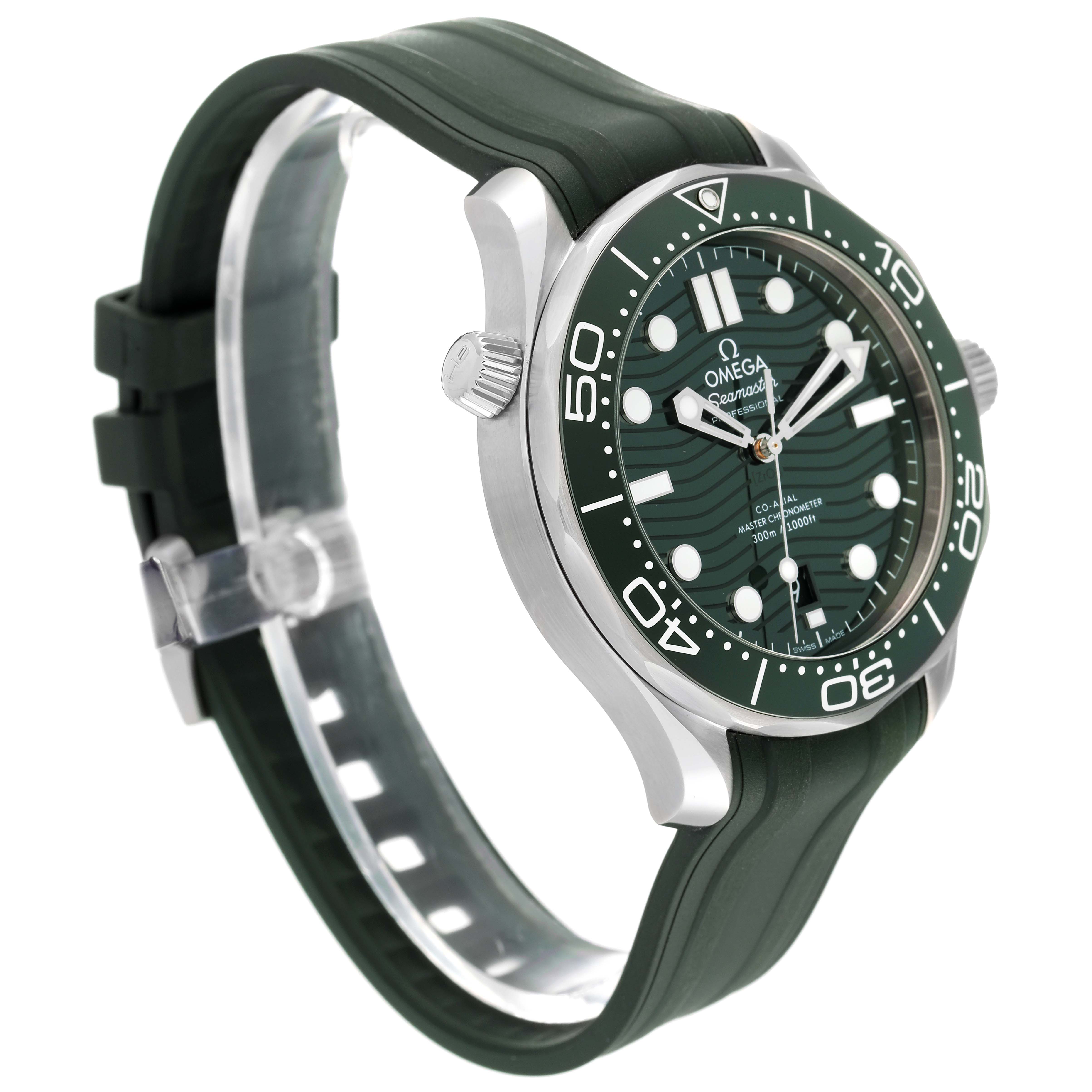 The Omega Seamaster 55995 Men's Stainless Steel Green Dial 55995 Men's Stainless Steel Green Dial watch is shown at a slight angle revealing its face, bezel, crown, and strap.