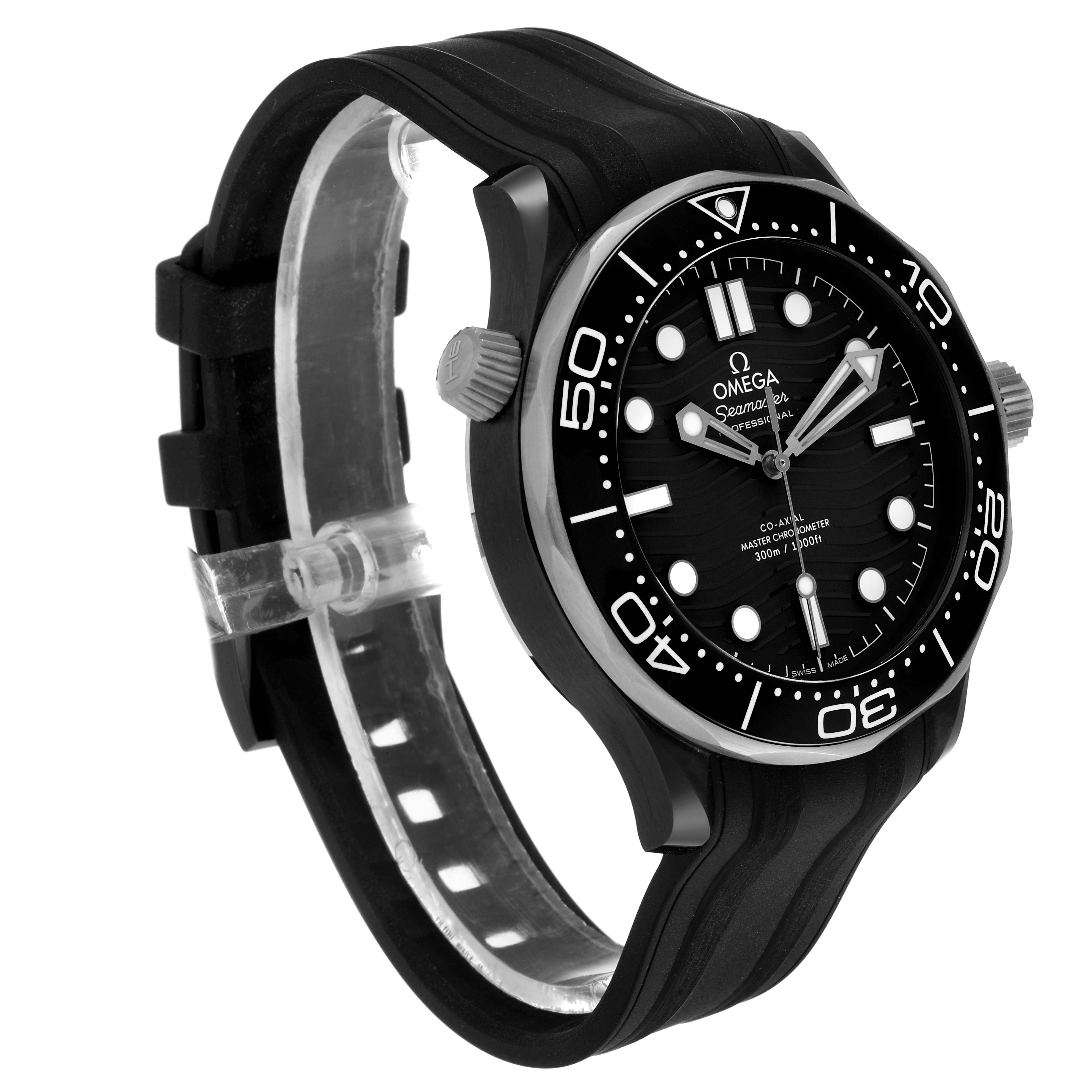 The image shows the Omega Seamaster 210.92.44.20.01.001 Men's Ceramic Black Dial 210.92.44.20.01.001 Men's Ceramic Black Dial watch at a three-quarter angle highlighting the dial, bezel, and rubber strap.