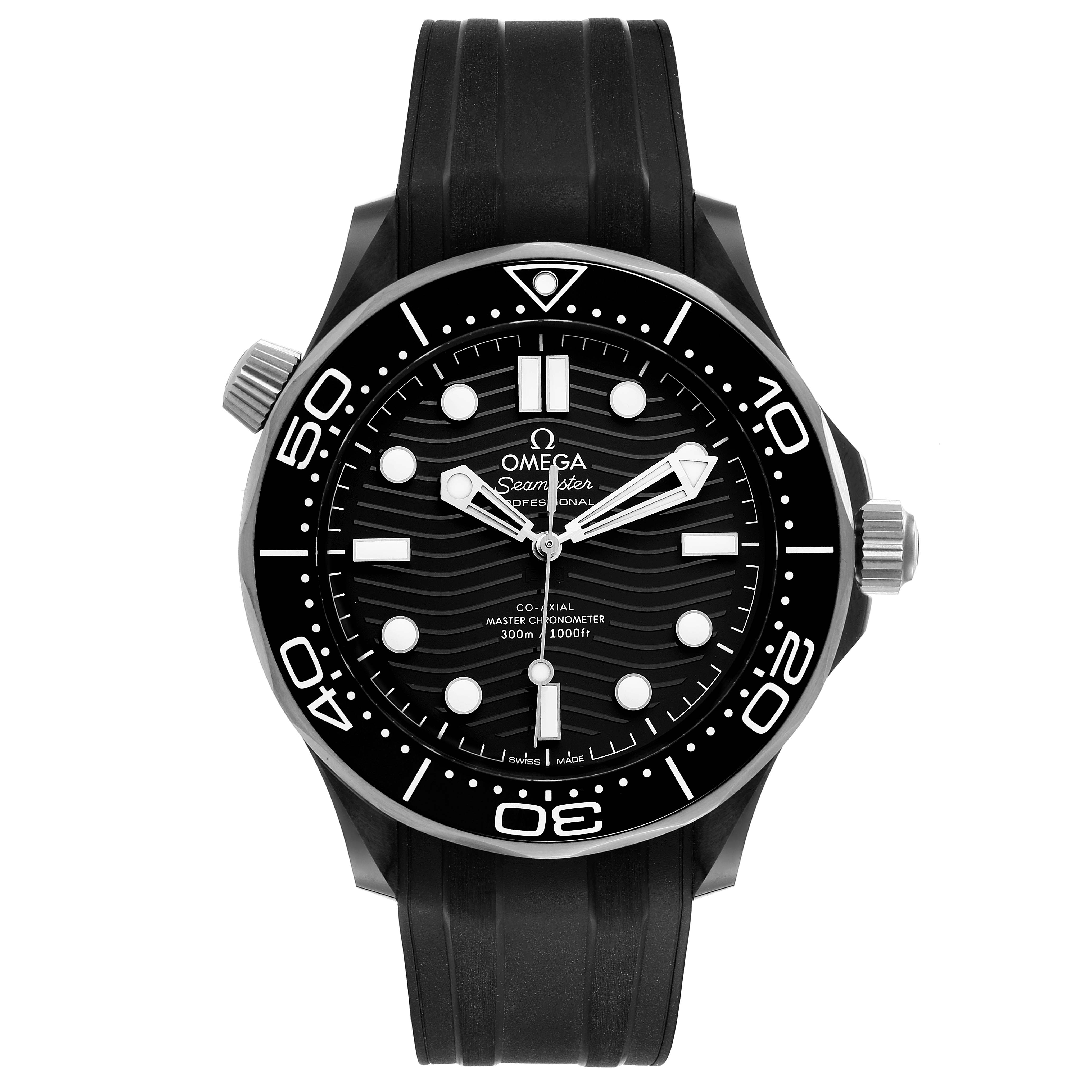 The image shows a frontal view of the Omega Seamaster 210.92.44.20.01.001 Men's Ceramic Black Dial 210.92.44.20.01.001 Men's Ceramic Black Dial watch, highlighting its face, bezel, and strap.