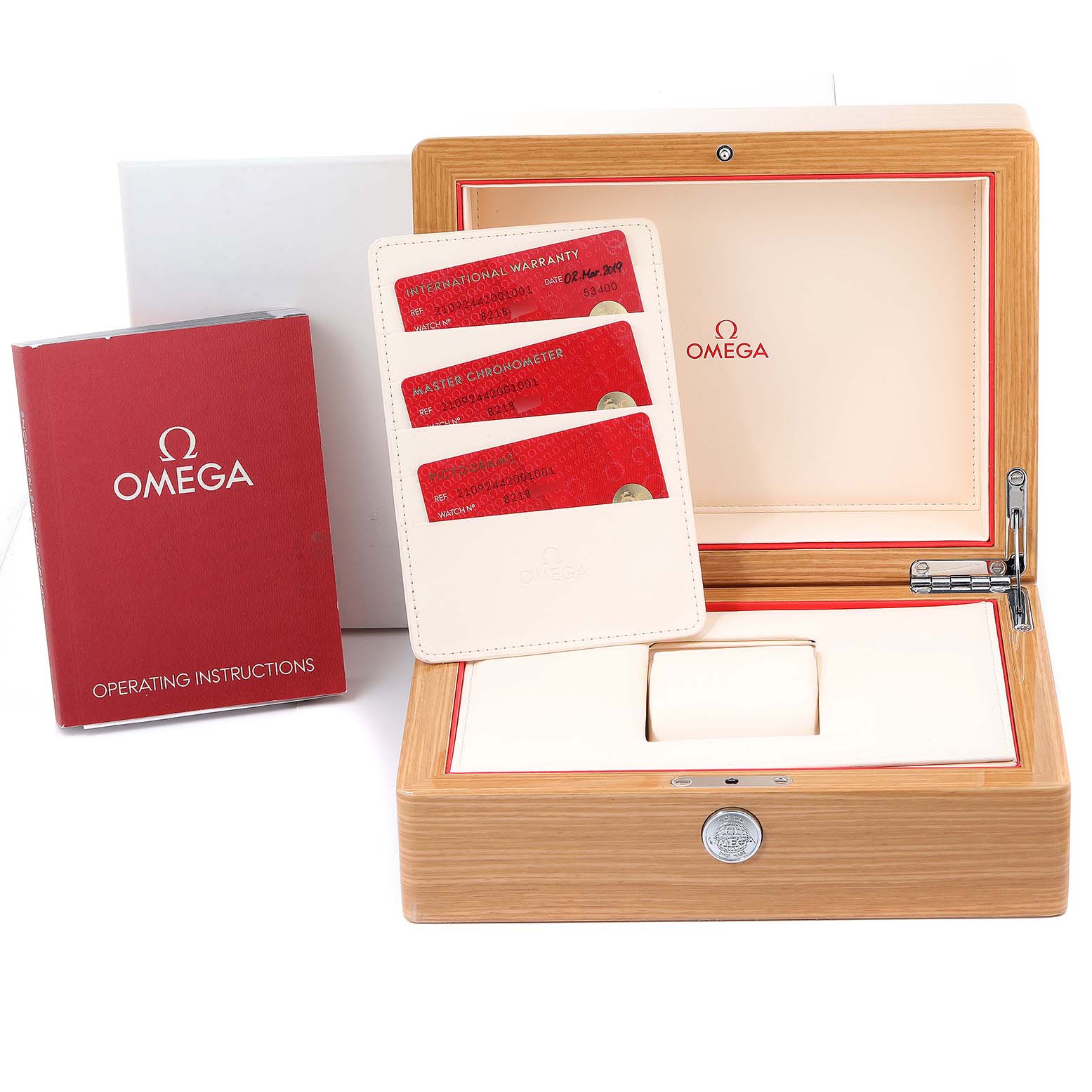 The image shows an Omega Seamaster 210.92.44.20.01.001 Men's Ceramic Black Dial 210.92.44.20.01.001 Men's Ceramic Black Dial watch box, warranty cards, and an operation manual.