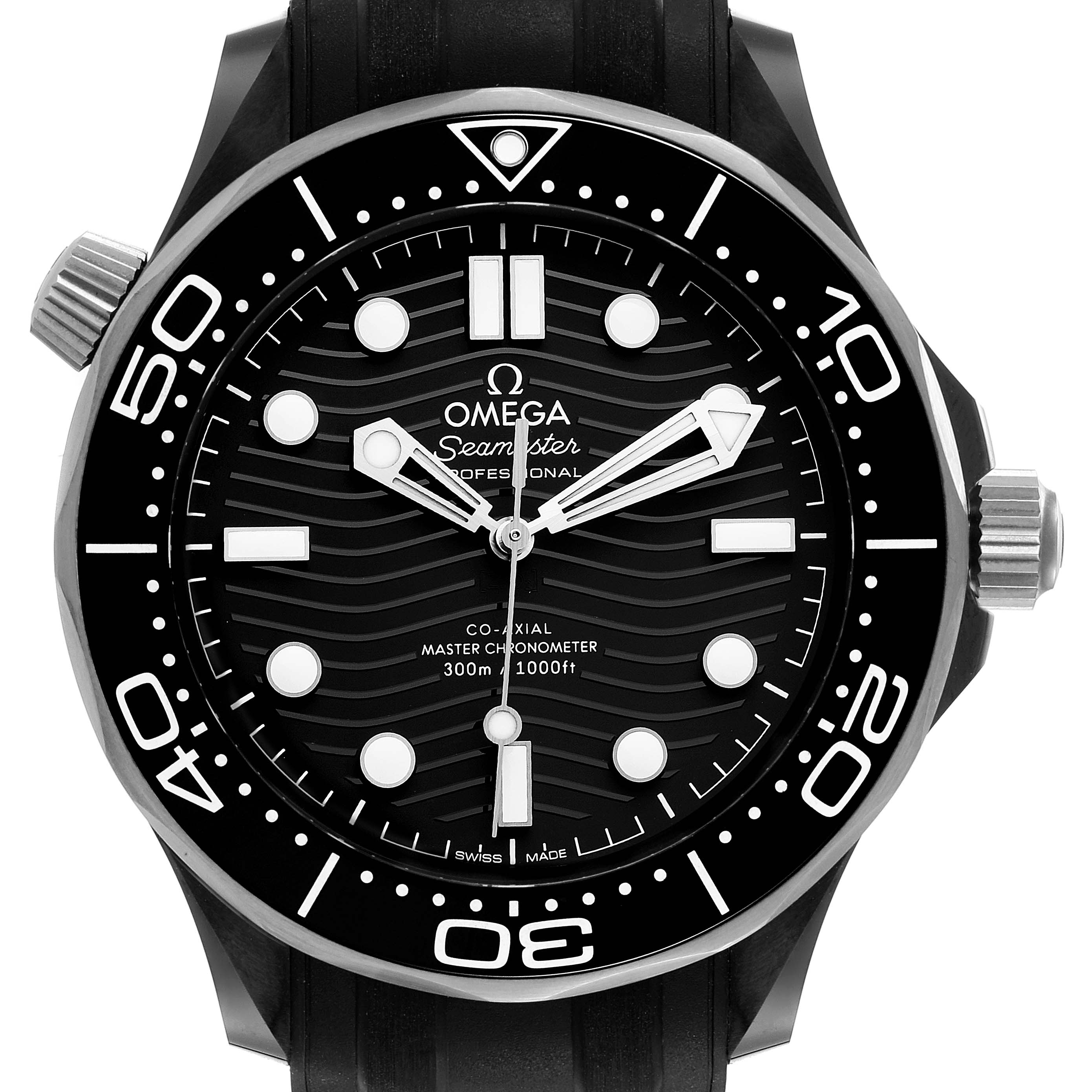 This image shows a frontal view of the Omega Seamaster 210.92.44.20.01.001 Men's Ceramic Black Dial 210.92.44.20.01.001 Men's Ceramic Black Dial watch, highlighting its bezel, hands, and dial.