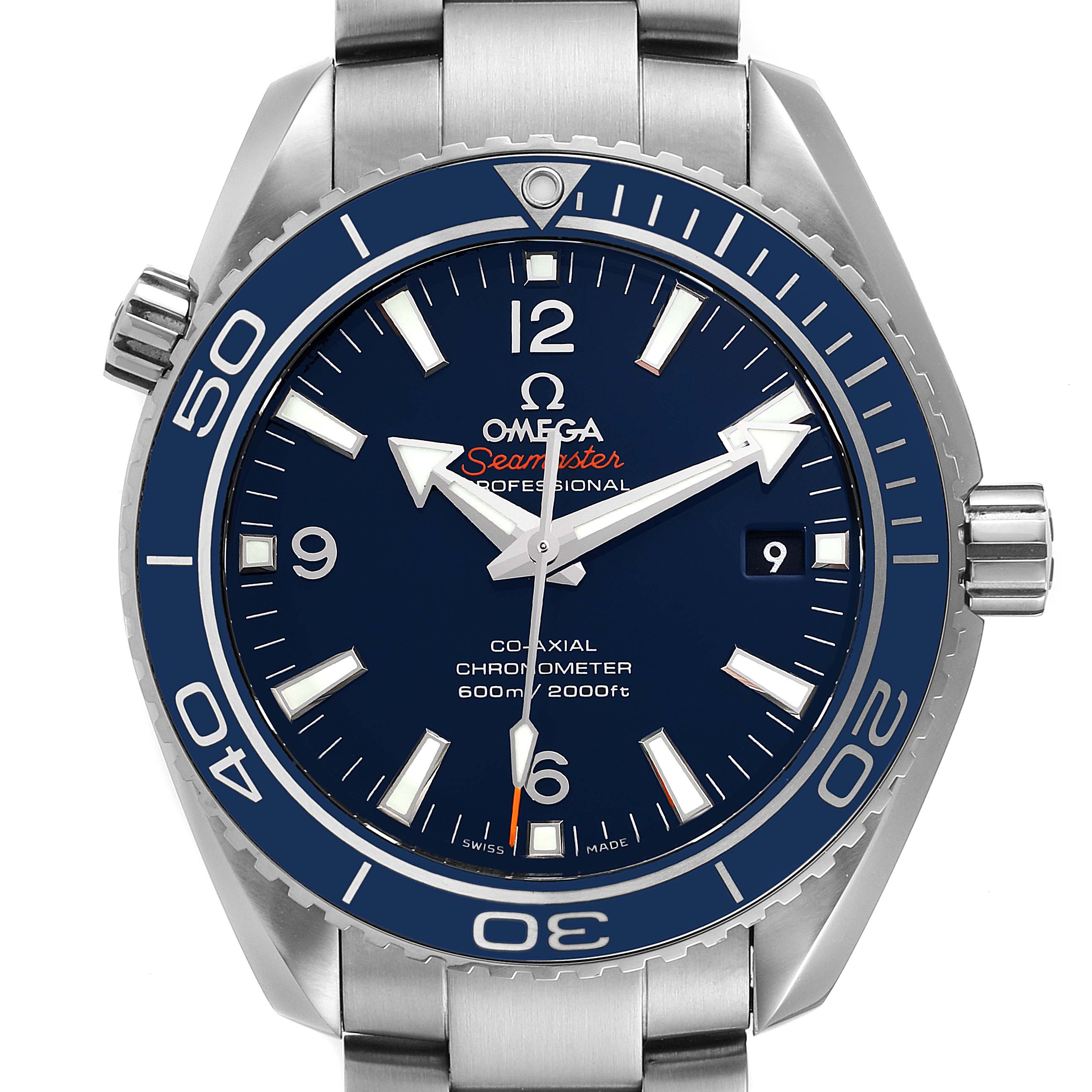 The Omega Planet Ocean 232.90.42.21.03.001 Men
s Titanium Blue Dial 232.90.42.21.03.001 Men
s Titanium Blue Dial Seamaster watch is shown from the front, highlighting the dial, hands, bezel, and part of the bracelet.