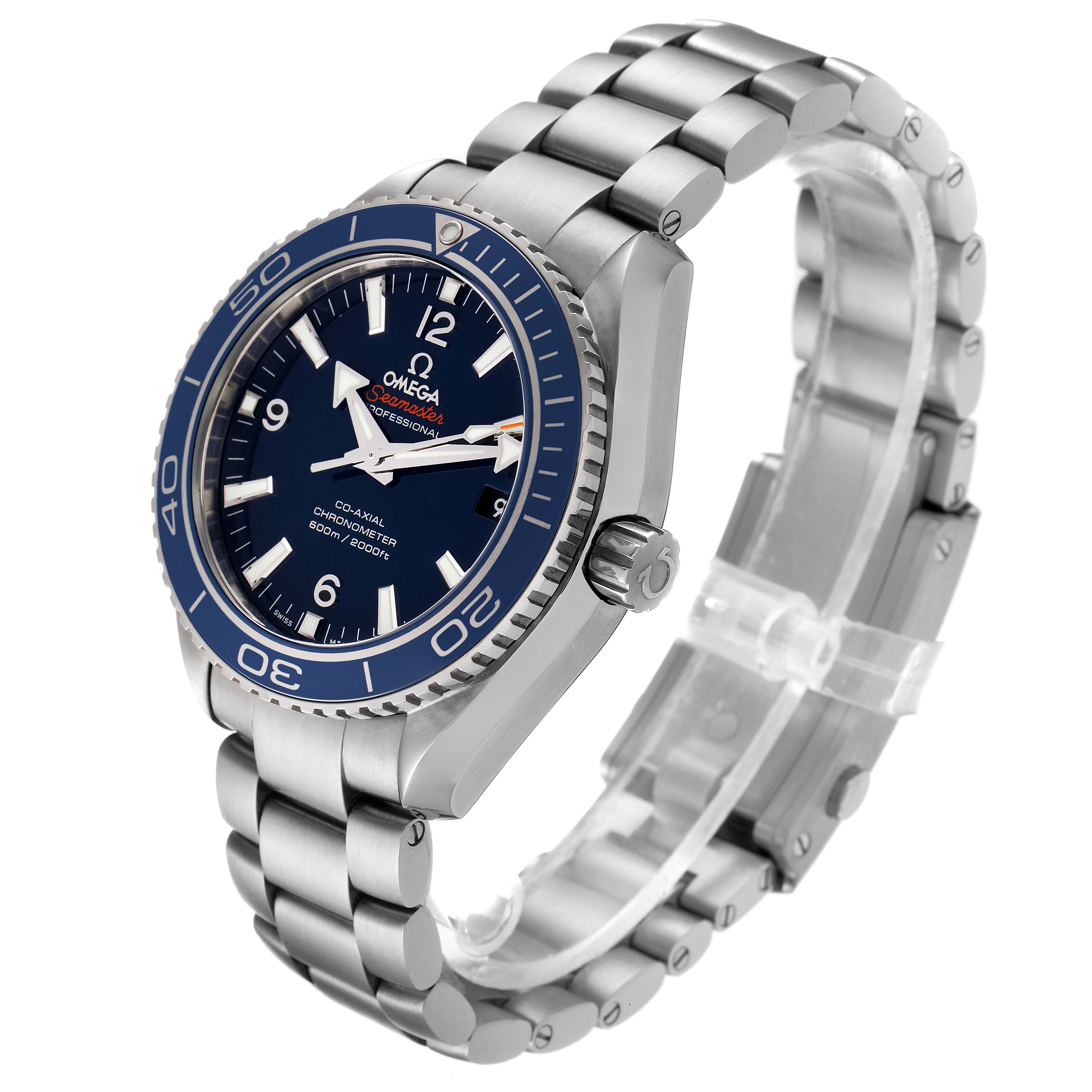 The Omega Planet Ocean 232.90.42.21.03.001 Men
s Titanium Blue Dial 232.90.42.21.03.001 Men
s Titanium Blue Dial watch is shown at a three-quarter angle, highlighting the blue dial, bezel, and stainless steel bracelet.