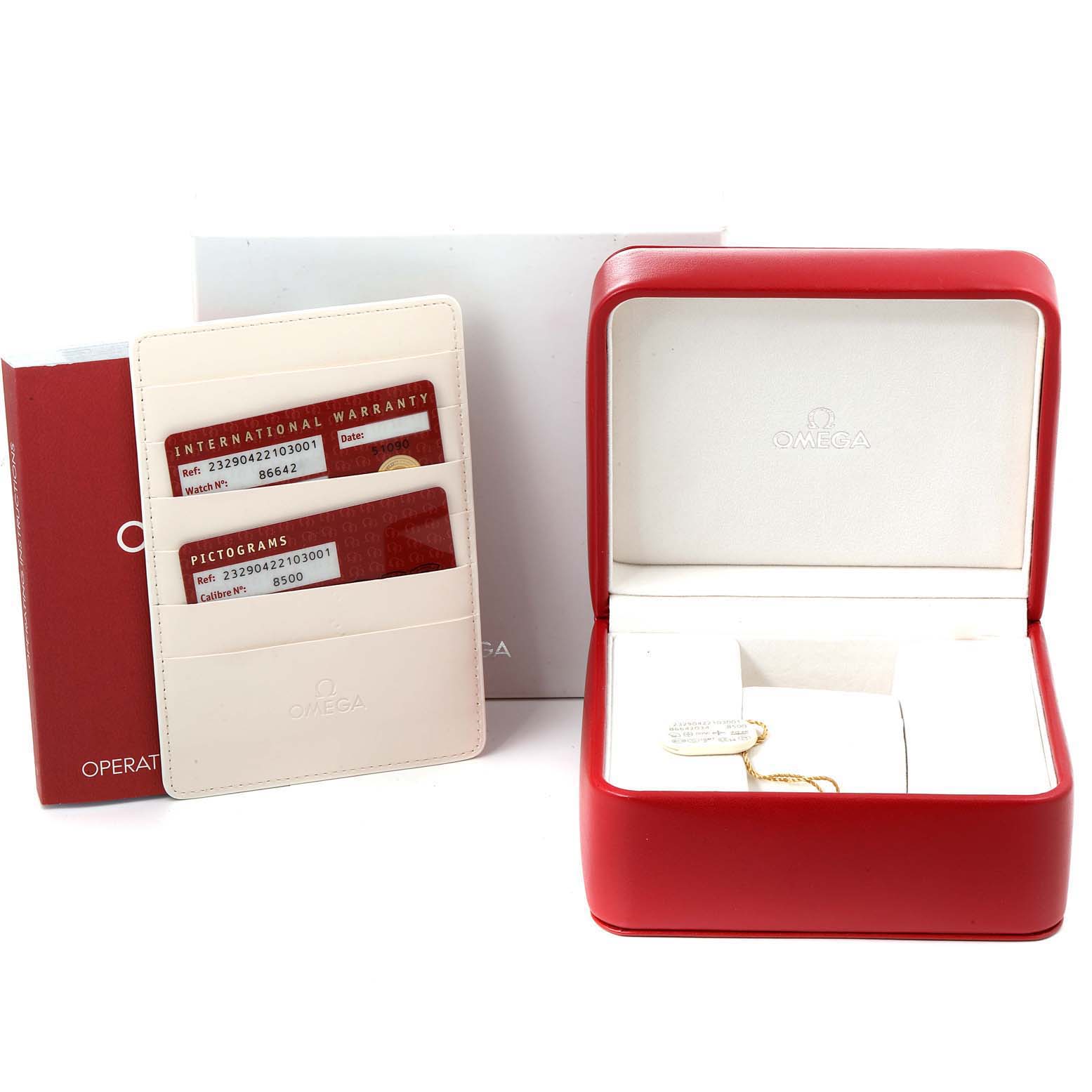 This image shows the packaging and accessories of the Omega Planet Ocean 232.90.42.21.03.001 Men
s Titanium Blue Dial 232.90.42.21.03.001 Men
s Titanium Blue Dial watch, including the warranty cards and storage box.