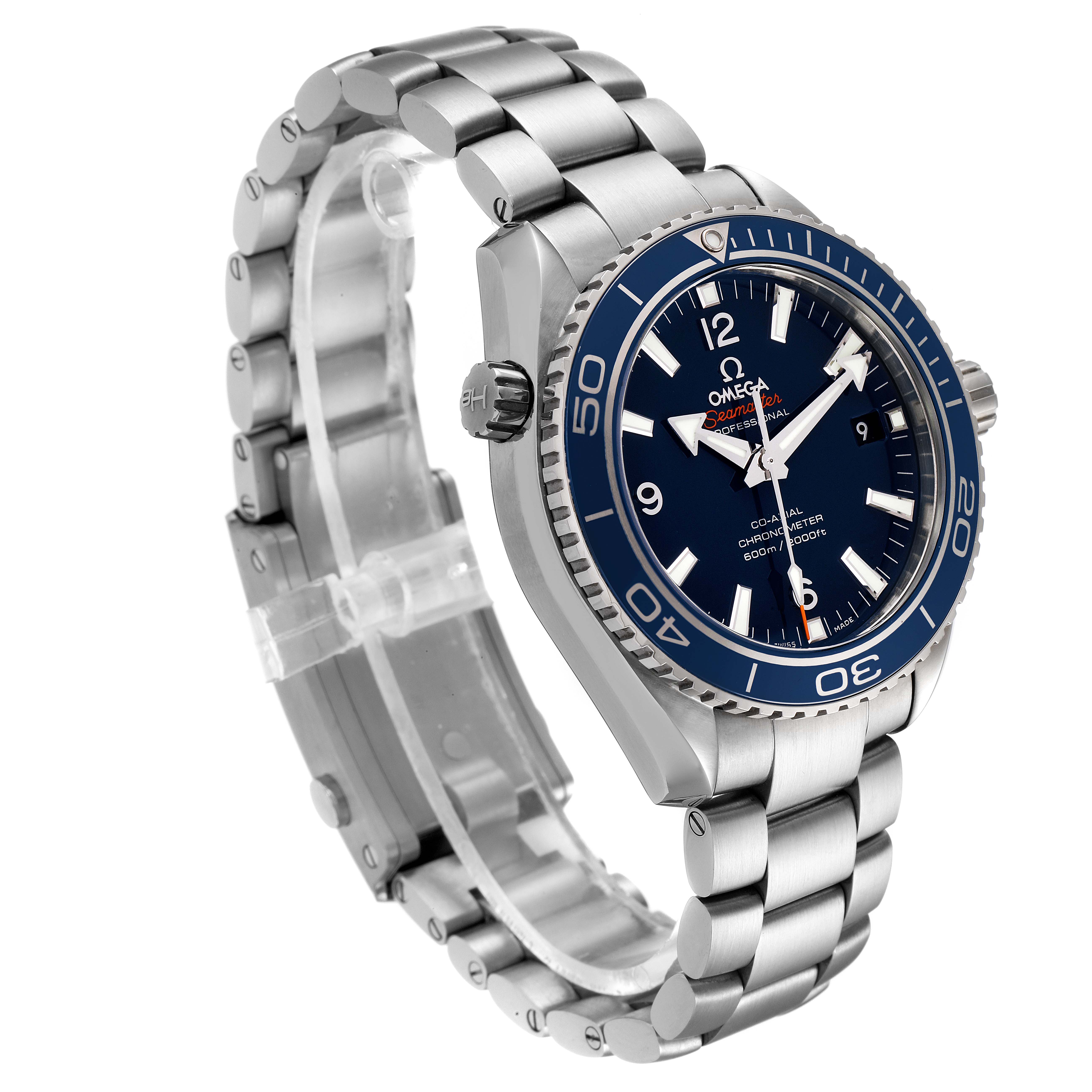 The photo of the Omega Planet Ocean 232.90.42.21.03.001 Men
s Titanium Blue Dial 232.90.42.21.03.001 Men
s Titanium Blue Dial watch shows a side angle, highlighting the bezel, dial, crown, and metal bracelet.