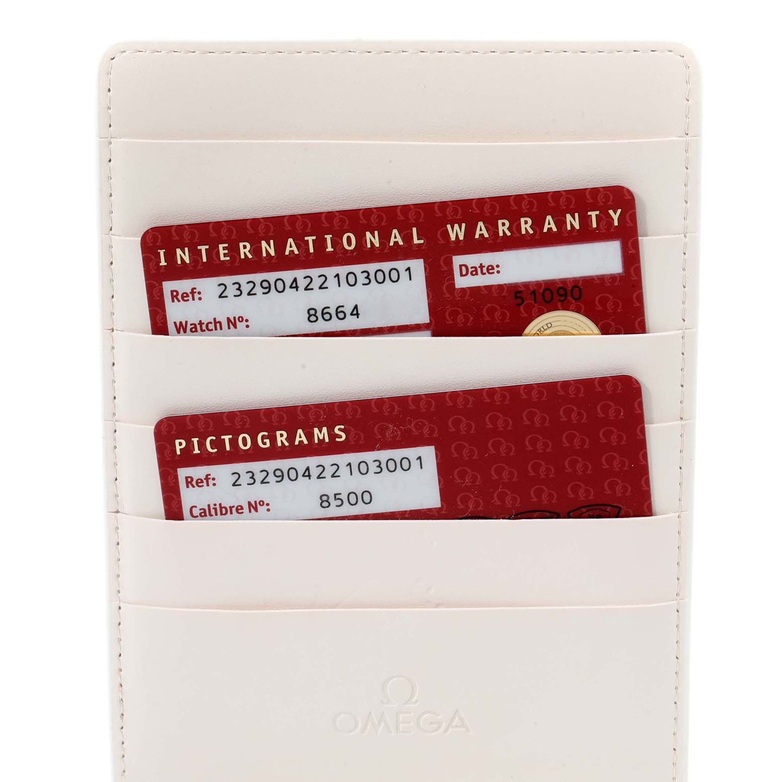 The image shows the international warranty and pictograms cards for the Omega Planet Ocean 232.90.42.21.03.001 Men
s Titanium Blue Dial 232.90.42.21.03.001 Men
s Titanium Blue Dial watch.