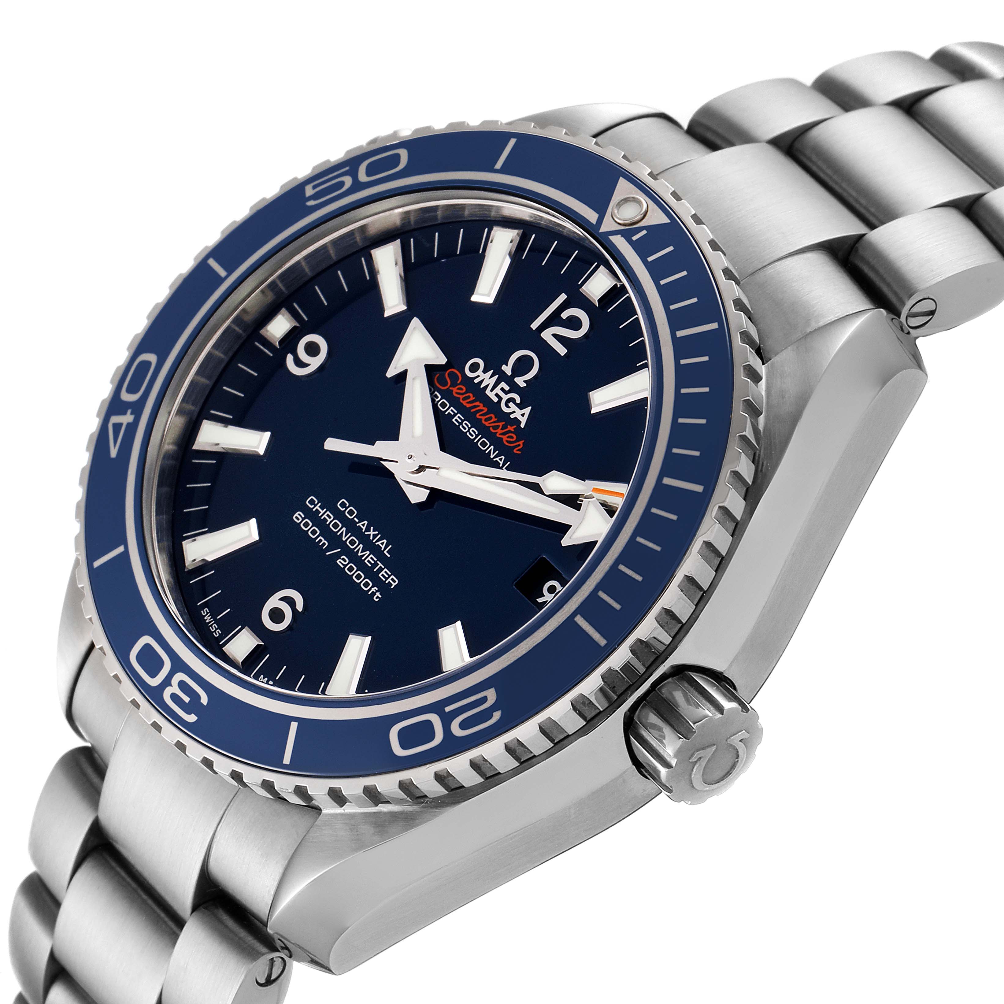 The Omega Planet Ocean 232.90.42.21.03.001 Men
s Titanium Blue Dial 232.90.42.21.03.001 Men
s Titanium Blue Dial model wristwatch is shown at an angled view, displaying the face, bezel, crown, and part of the bracelet.
