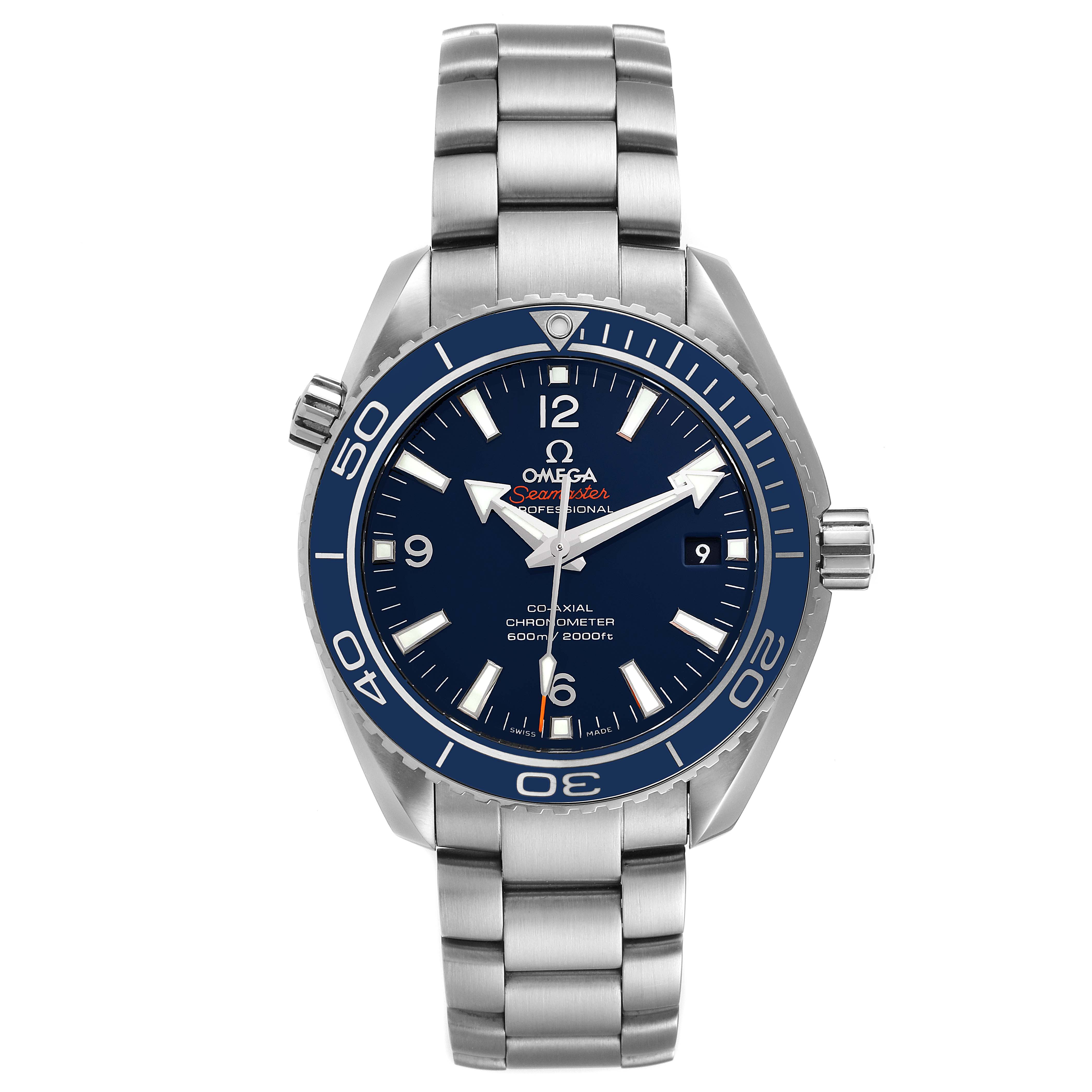 This image shows a front view of the Omega Planet Ocean 232.90.42.21.03.001 Men
s Titanium Blue Dial 232.90.42.21.03.001 Men
s Titanium Blue Dial watch, including the bezel, dial, hands, and stainless steel bracelet.