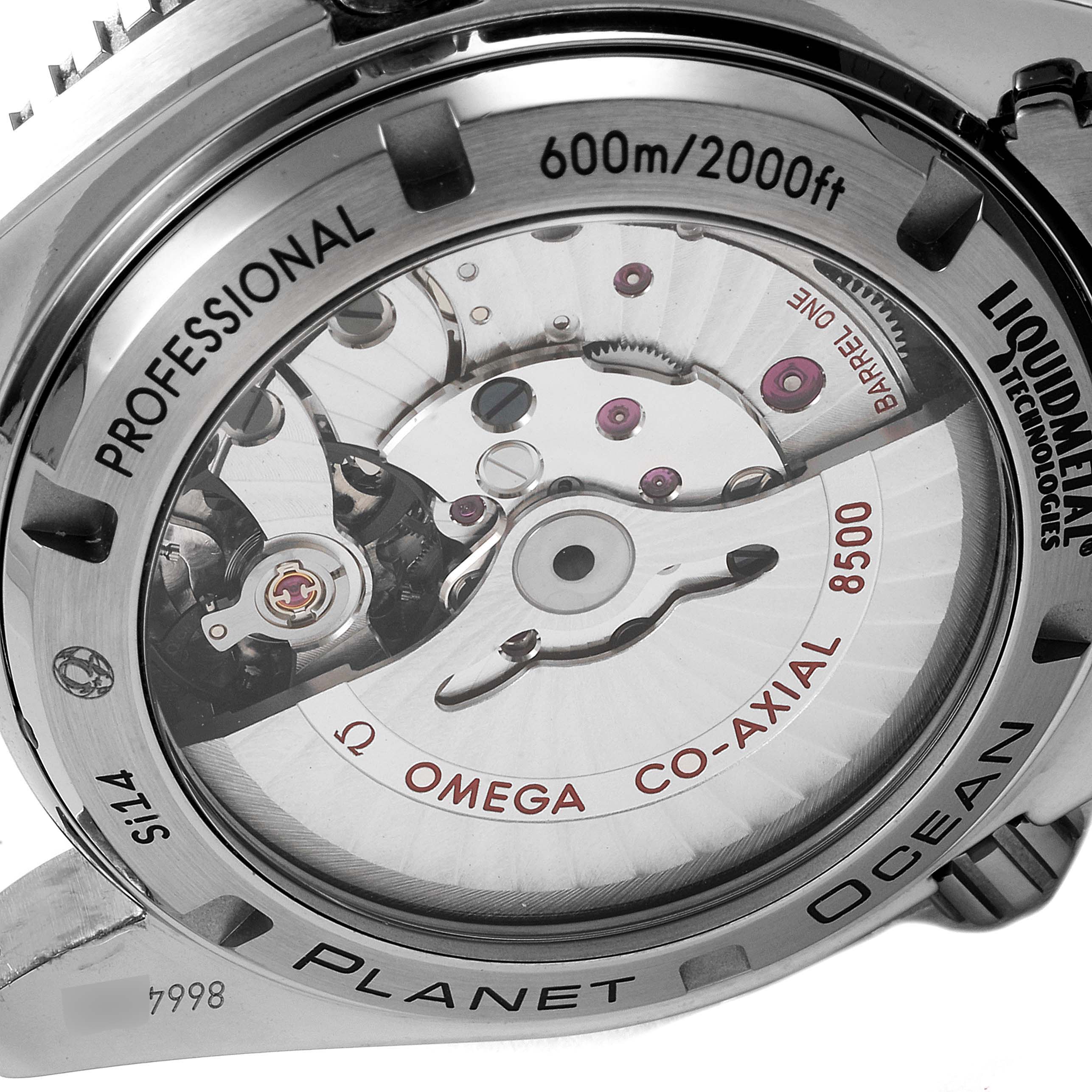 The image shows the back of an Omega Planet Ocean 232.90.42.21.03.001 Men
s Titanium Blue Dial 232.90.42.21.03.001 Men
s Titanium Blue Dial watch, focusing on its transparent case back and visible Co-Axial 8500 movement.