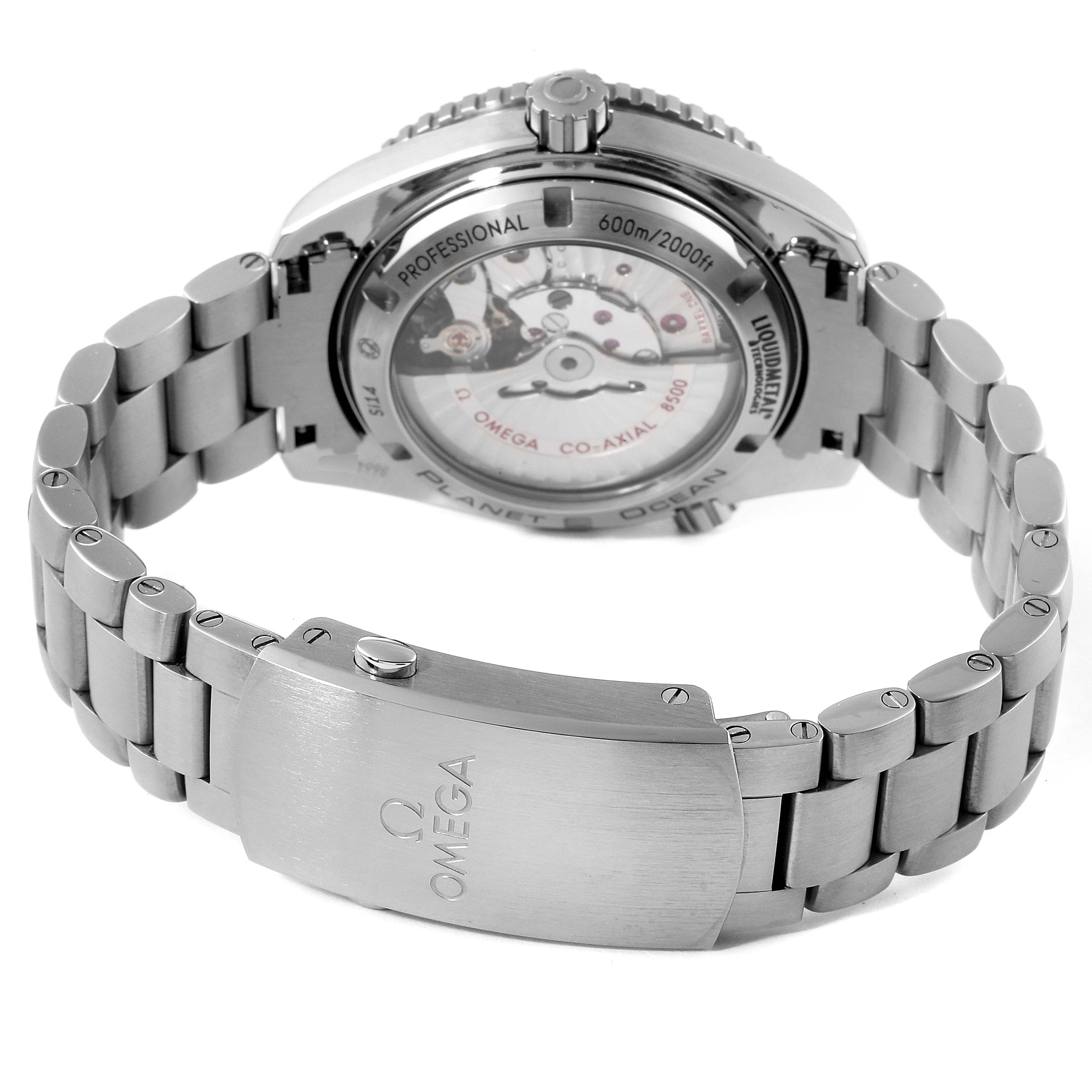 The back view of the Omega Planet Ocean 232.90.42.21.03.001 Men
s Titanium Blue Dial 232.90.42.21.03.001 Men
s Titanium Blue Dial watch shows the open case back, bracelet, and clasp.