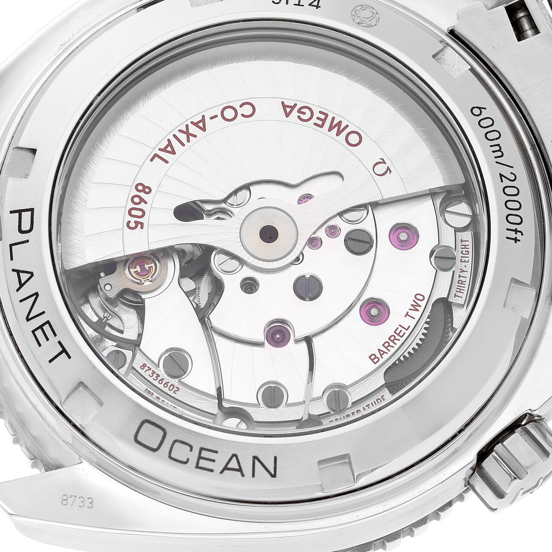 The image shows the back of the Omega Planet Ocean 232.30.44.22.01.001 Men's Stainless Steel Black Dial 232.30.44.22.01.001 Men's Stainless Steel Black Dial watch, highlighting the inner mechanisms and movement components.