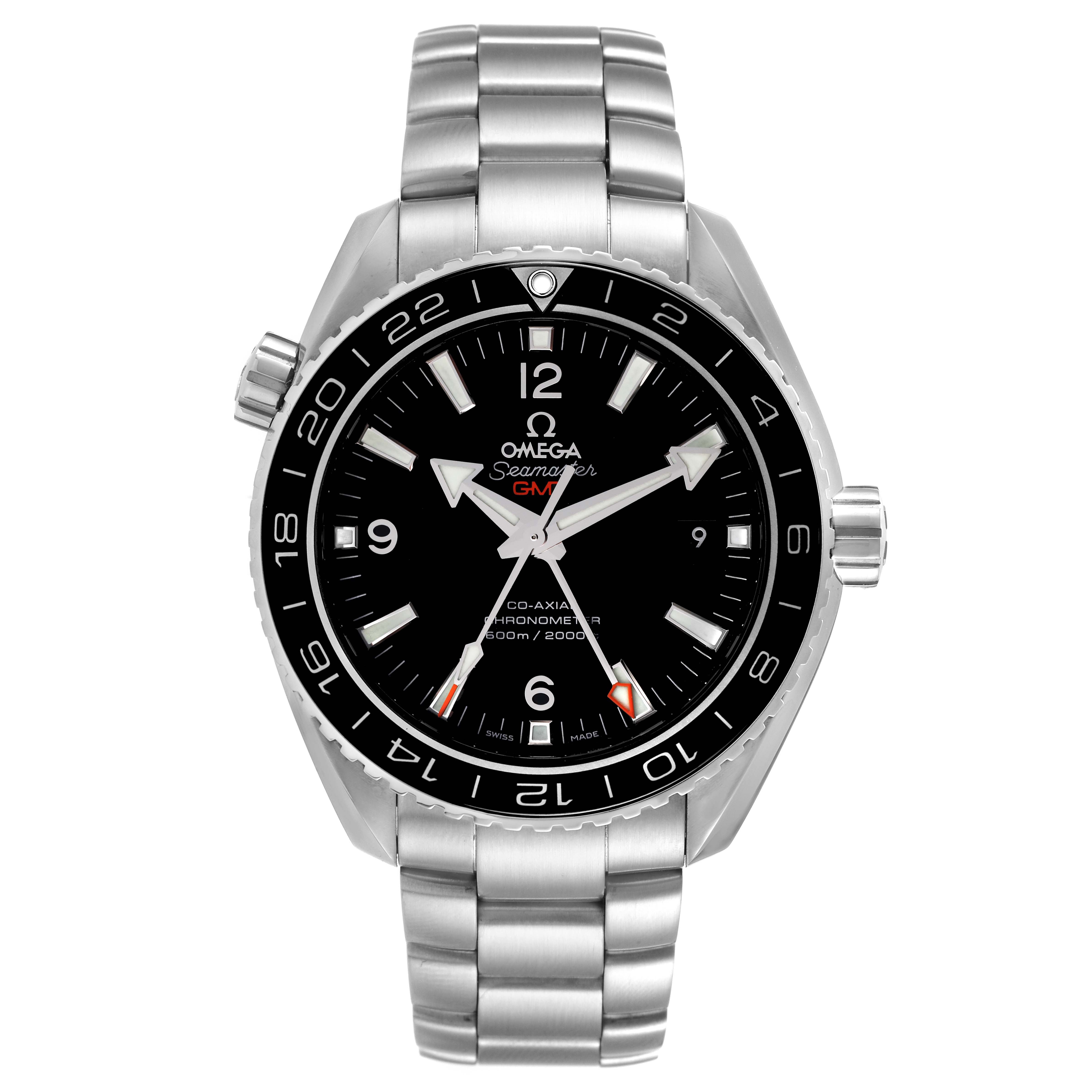 The image shows a front view of the Omega Planet Ocean 232.30.44.22.01.001 Men's Stainless Steel Black Dial 232.30.44.22.01.001 Men's Stainless Steel Black Dial watch, highlighting its face, bezel, and stainless steel bracelet.