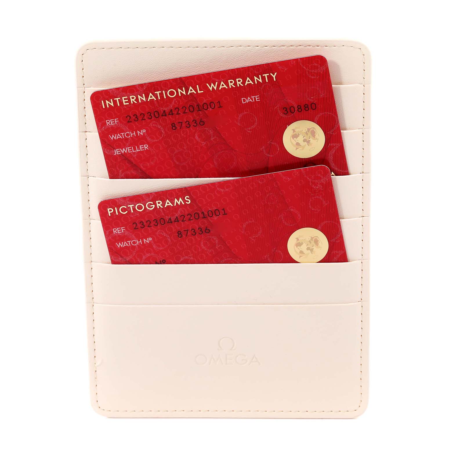 This image shows two red warranty and pictograms cards inside a white Omega cardholder for the Planet Ocean model watch by Omega.