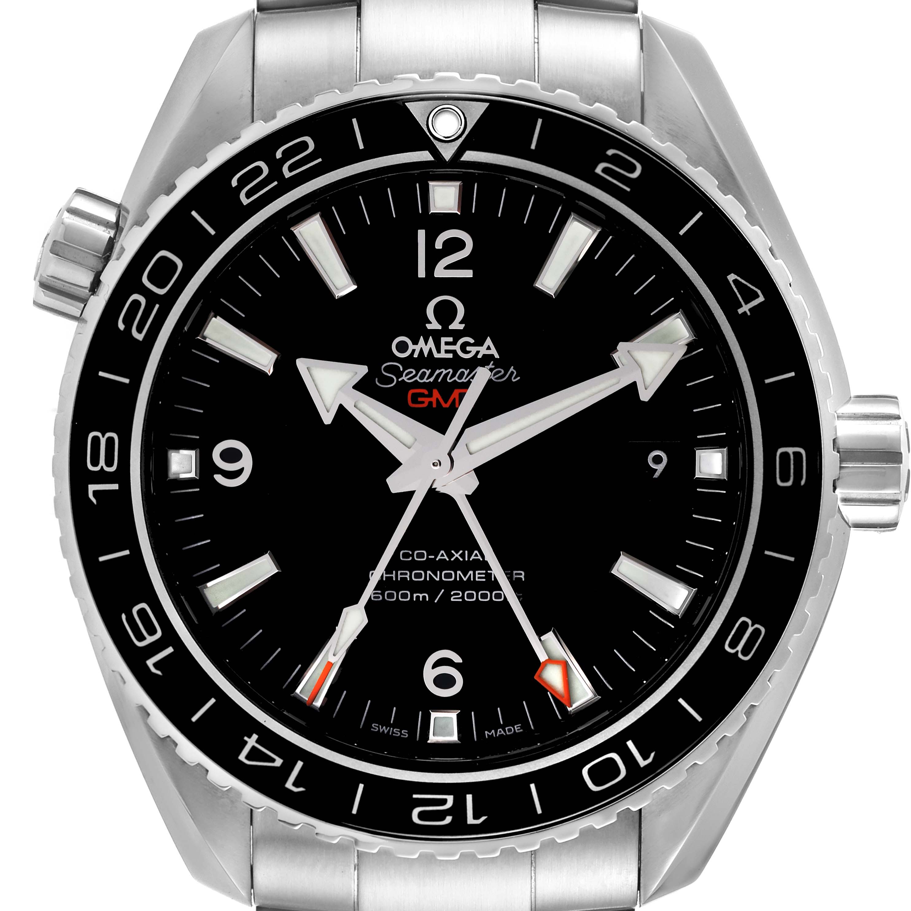 The image shows a frontal view of the Omega Planet Ocean 232.30.44.22.01.001 Men's Stainless Steel Black Dial 232.30.44.22.01.001 Men's Stainless Steel Black Dial Seamaster GMT watch, highlighting its face, bezel, and stainless steel bracelet.