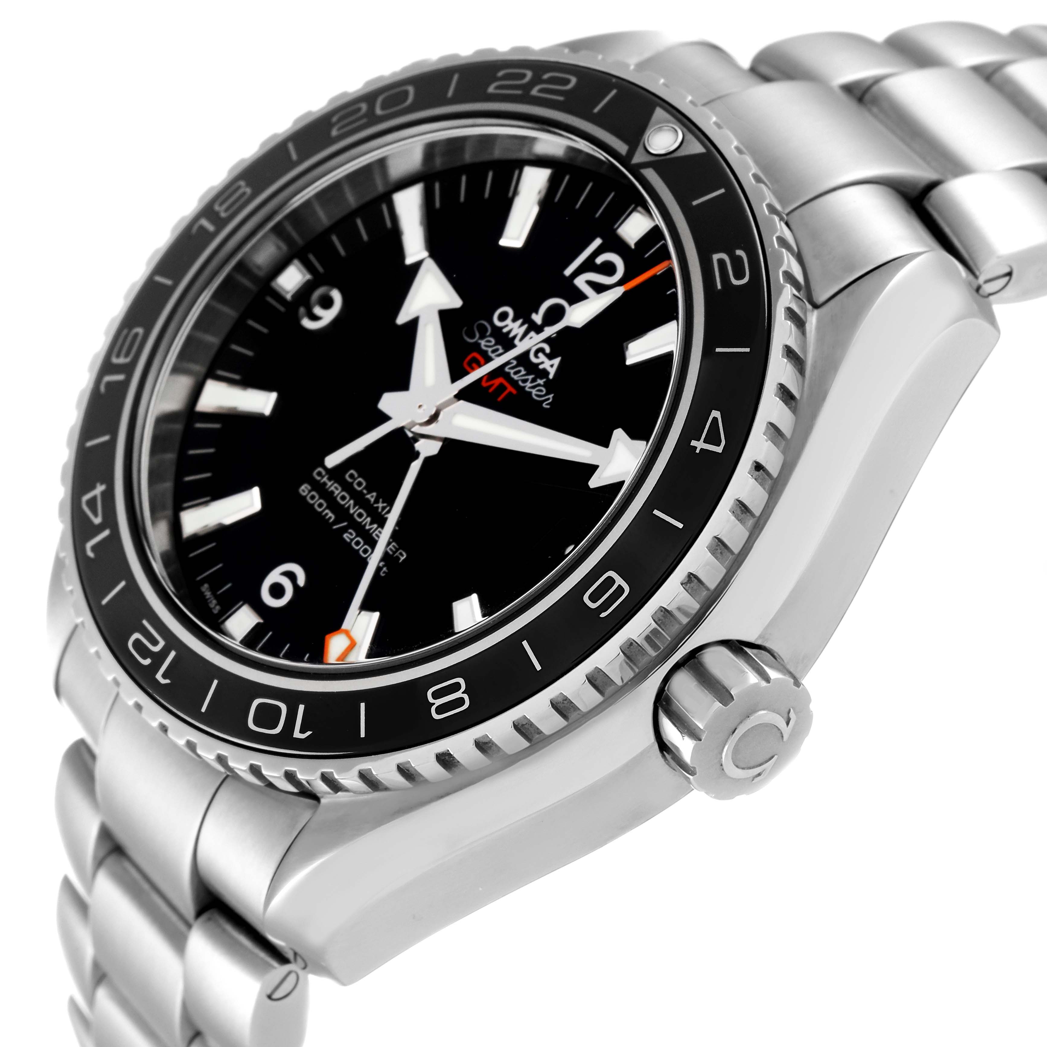 The image shows a side angle of the Omega Planet Ocean 232.30.44.22.01.001 Men's Stainless Steel Black Dial 232.30.44.22.01.001 Men's Stainless Steel Black Dial watch, displaying its dial, bezel, and part of the metal bracelet.