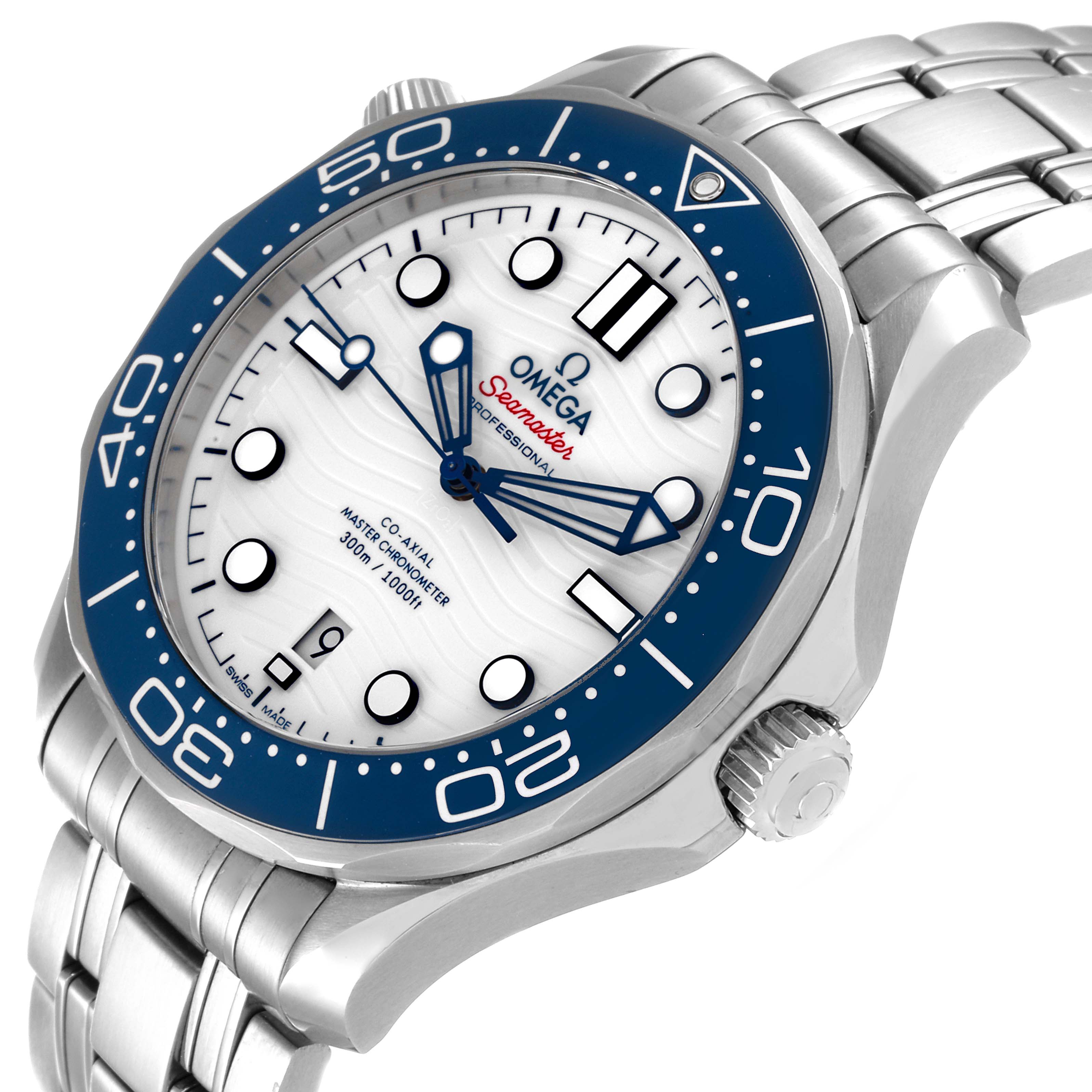 The Omega Seamaster 522.30.42.20.04.001 Men's Stainless Steel White Dial 522.30.42.20.04.001 Men's Stainless Steel White Dial watch is shown at an angle displaying its face, bezel, crown, and part of the metal bracelet.