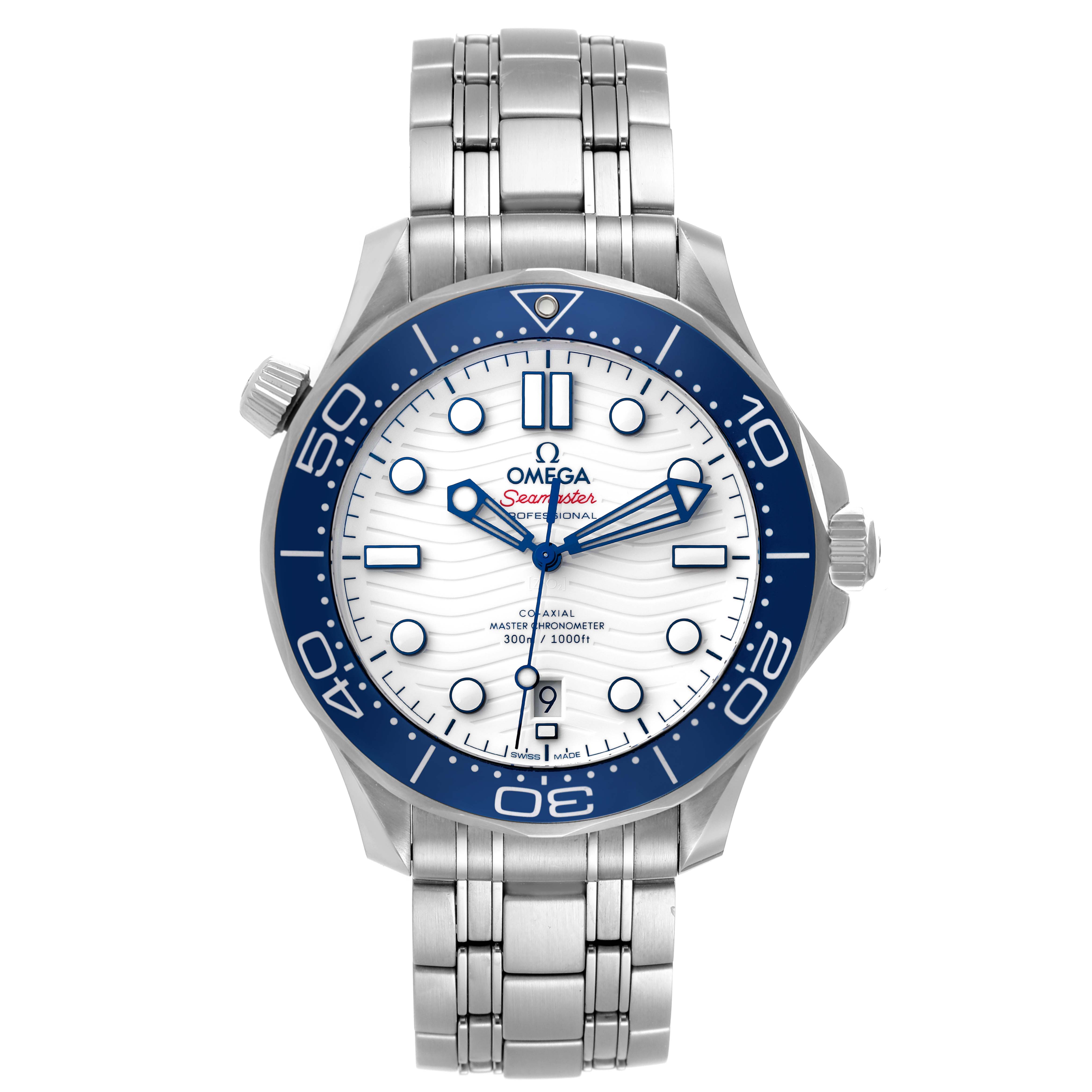 The image shows a front view of an Omega Seamaster 522.30.42.20.04.001 Men's Stainless Steel White Dial 522.30.42.20.04.001 Men's Stainless Steel White Dial watch, displaying its dial, bezel, crown, and steel bracelet.