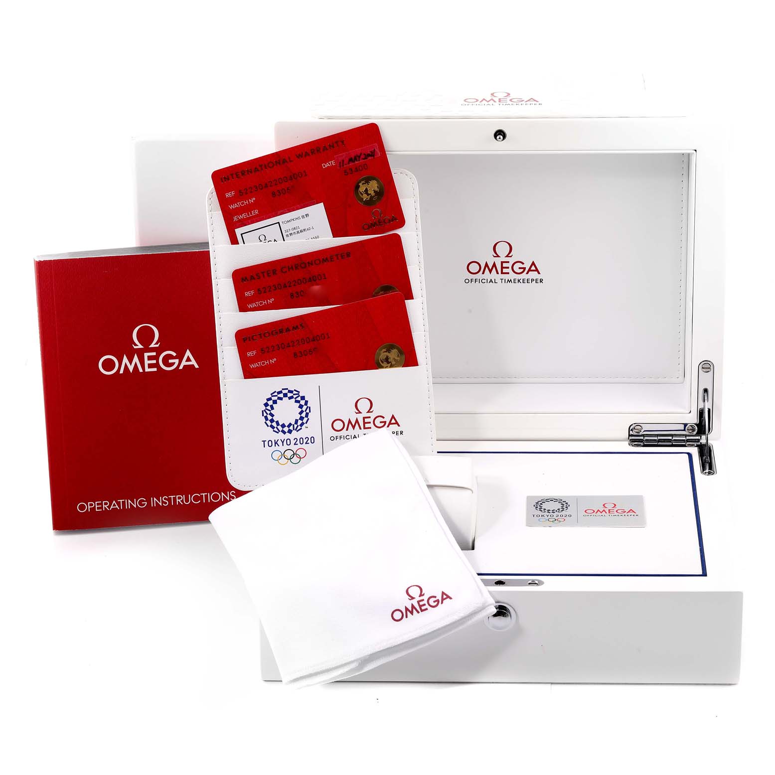 The image shows the documentation and packaging for an Omega Seamaster 522.30.42.20.04.001 Men's Stainless Steel White Dial 522.30.42.20.04.001 Men's Stainless Steel White Dial watch, including international warranty cards, a cloth, and a white box.