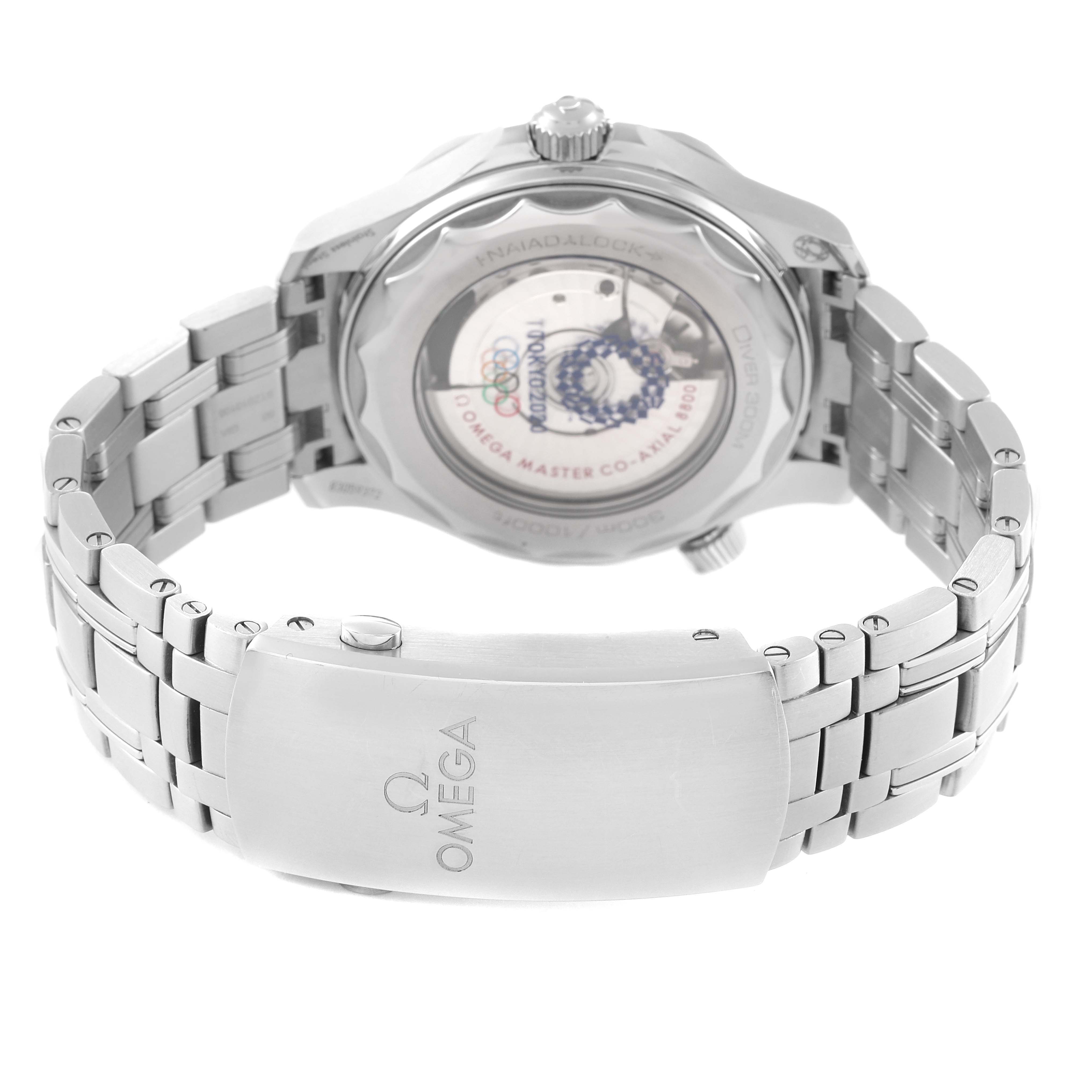 The image shows the back view of the Omega Seamaster 522.30.42.20.04.001 Men's Stainless Steel White Dial 522.30.42.20.04.001 Men's Stainless Steel White Dial watch, highlighting the stainless steel bracelet and transparent case back.