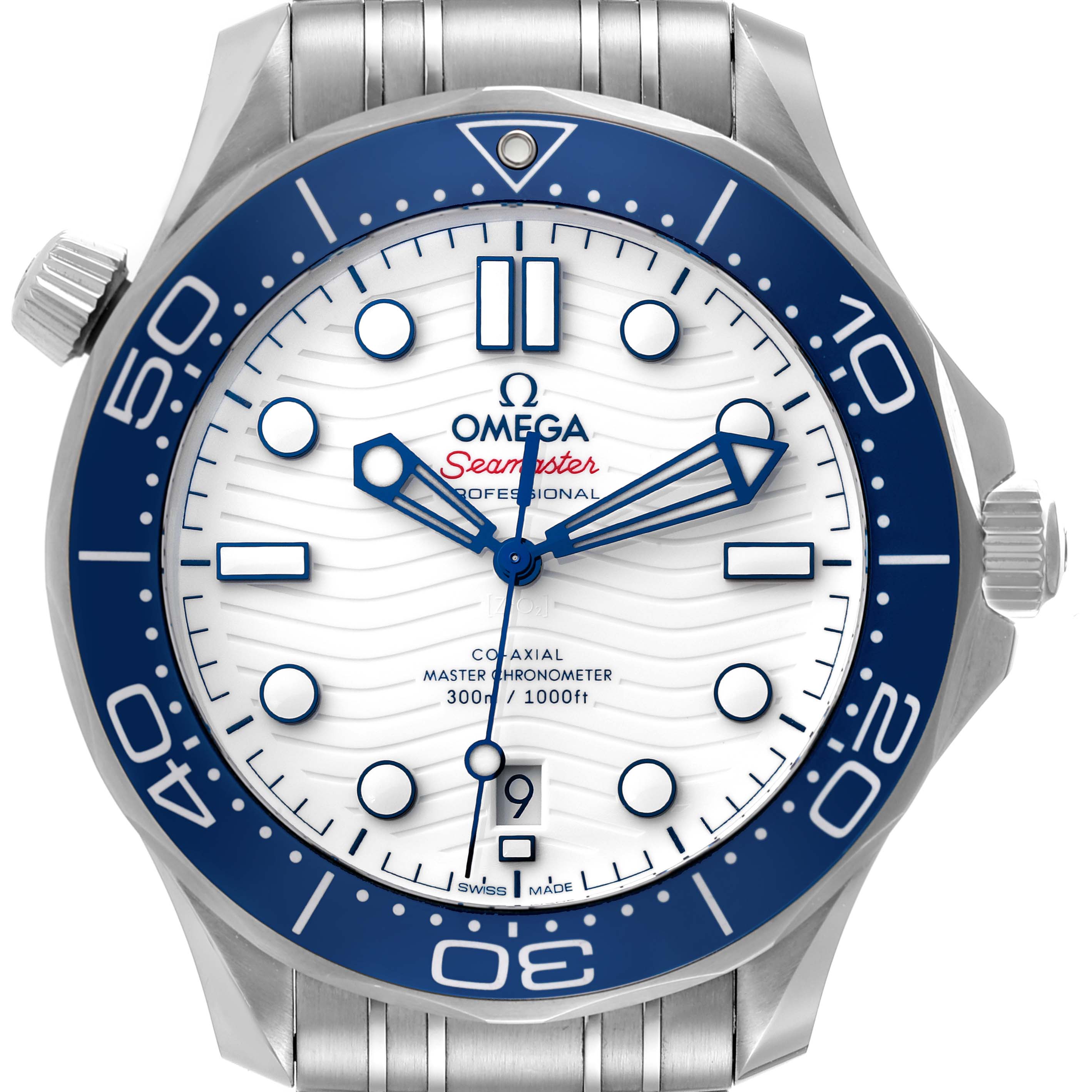 The image shows a front view of an Omega Seamaster 522.30.42.20.04.001 Men's Stainless Steel White Dial 522.30.42.20.04.001 Men's Stainless Steel White Dial watch, highlighting its blue bezel, white dial, and stainless steel case and bracelet.