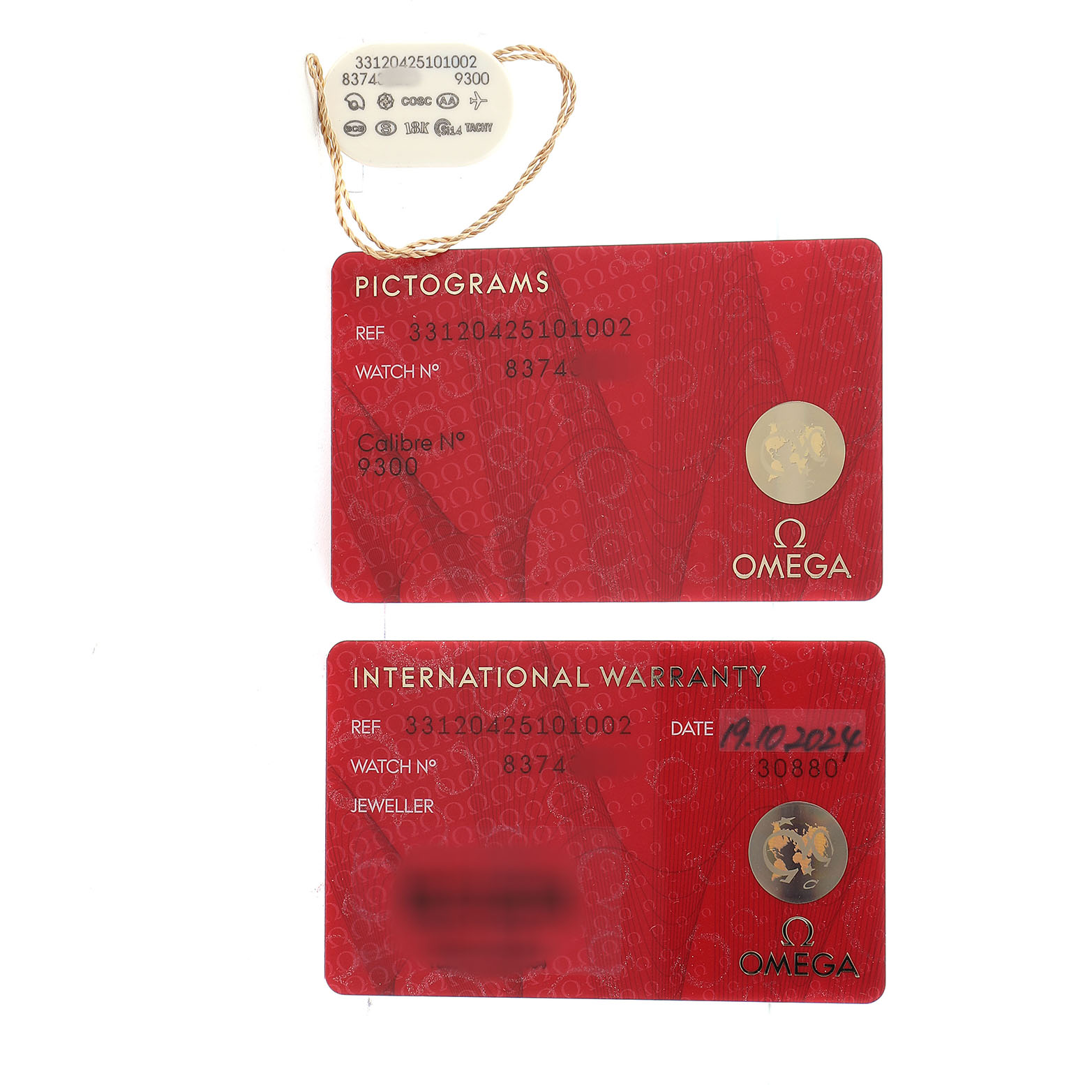 The image shows two Omega Speedmaster 331.20.42.51.01.002 Men's Rose Gold Black Dial cards: a pictograms card and an international warranty card.