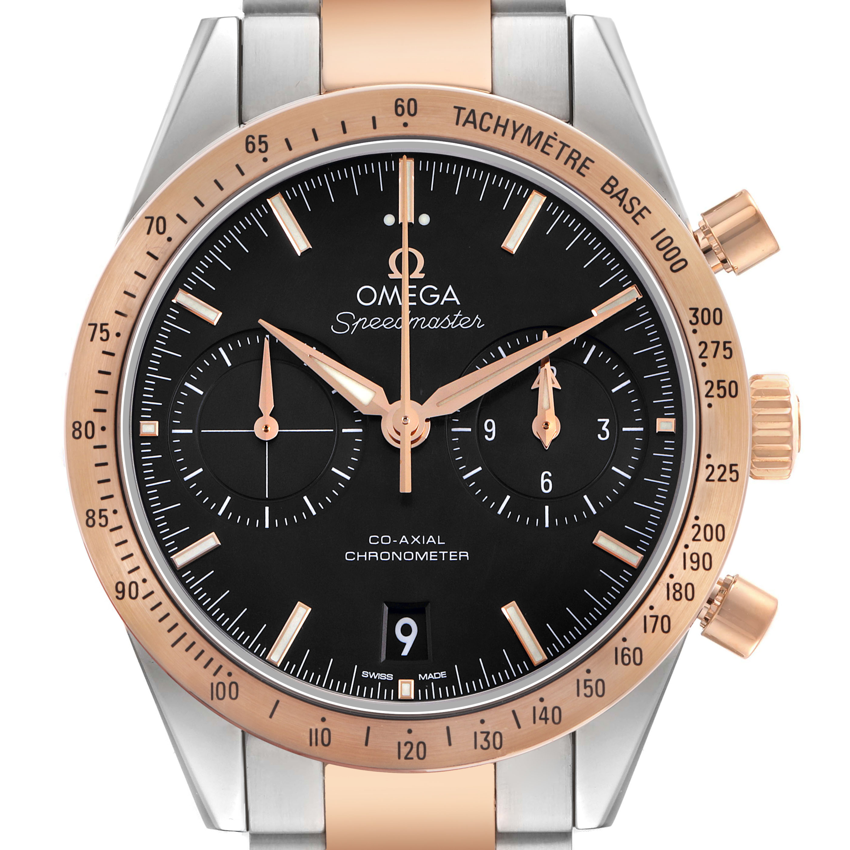 The Omega Speedmaster 331.20.42.51.01.002 Men's Rose Gold Black Dial watch is shown from the front, displaying the dial, bezel, and case with rose gold accents.