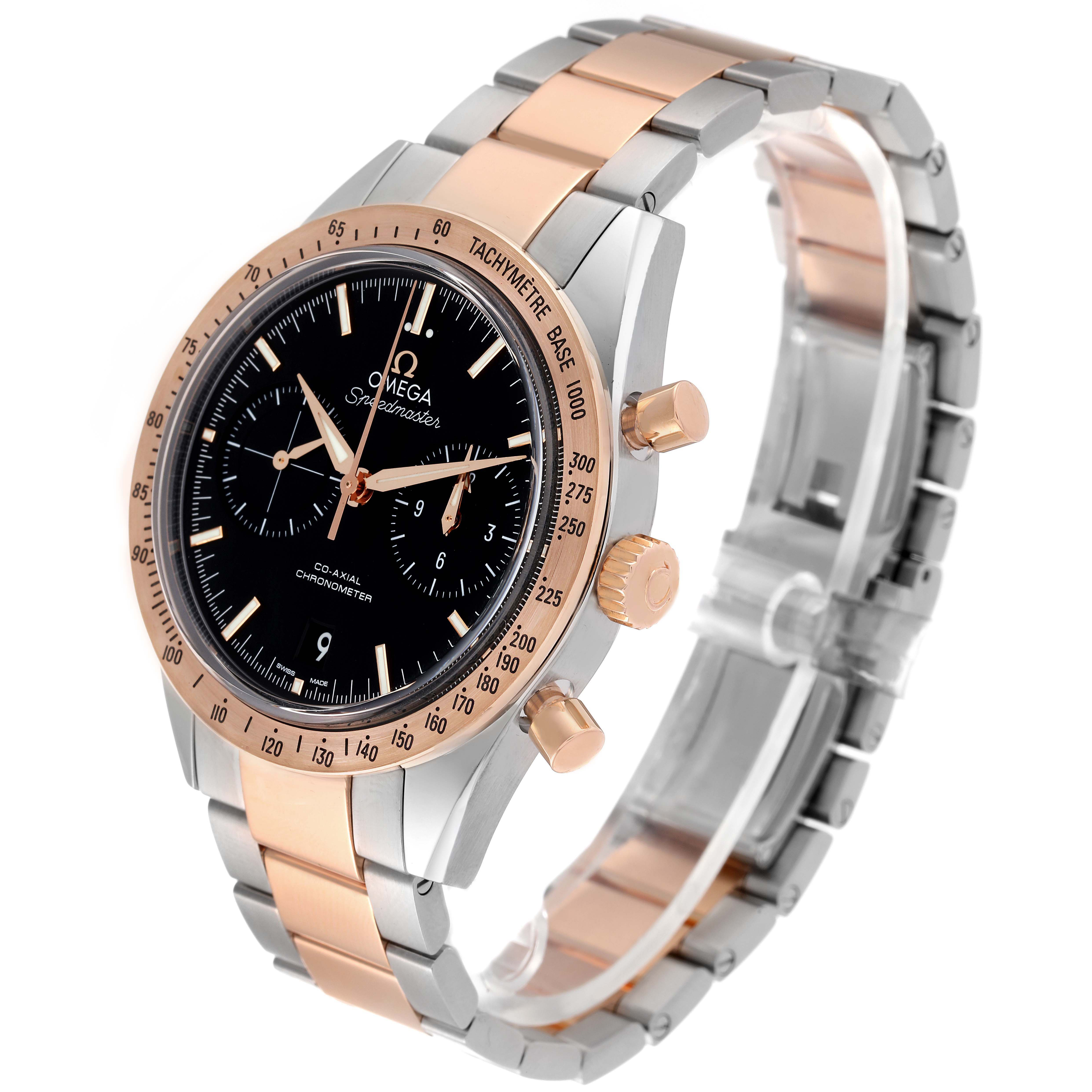 The Omega Speedmaster 331.20.42.51.01.002 Men's Rose Gold Black Dial watch is shown at a three-quarter angle, highlighting the bezel, crown, bracelet, and dial.