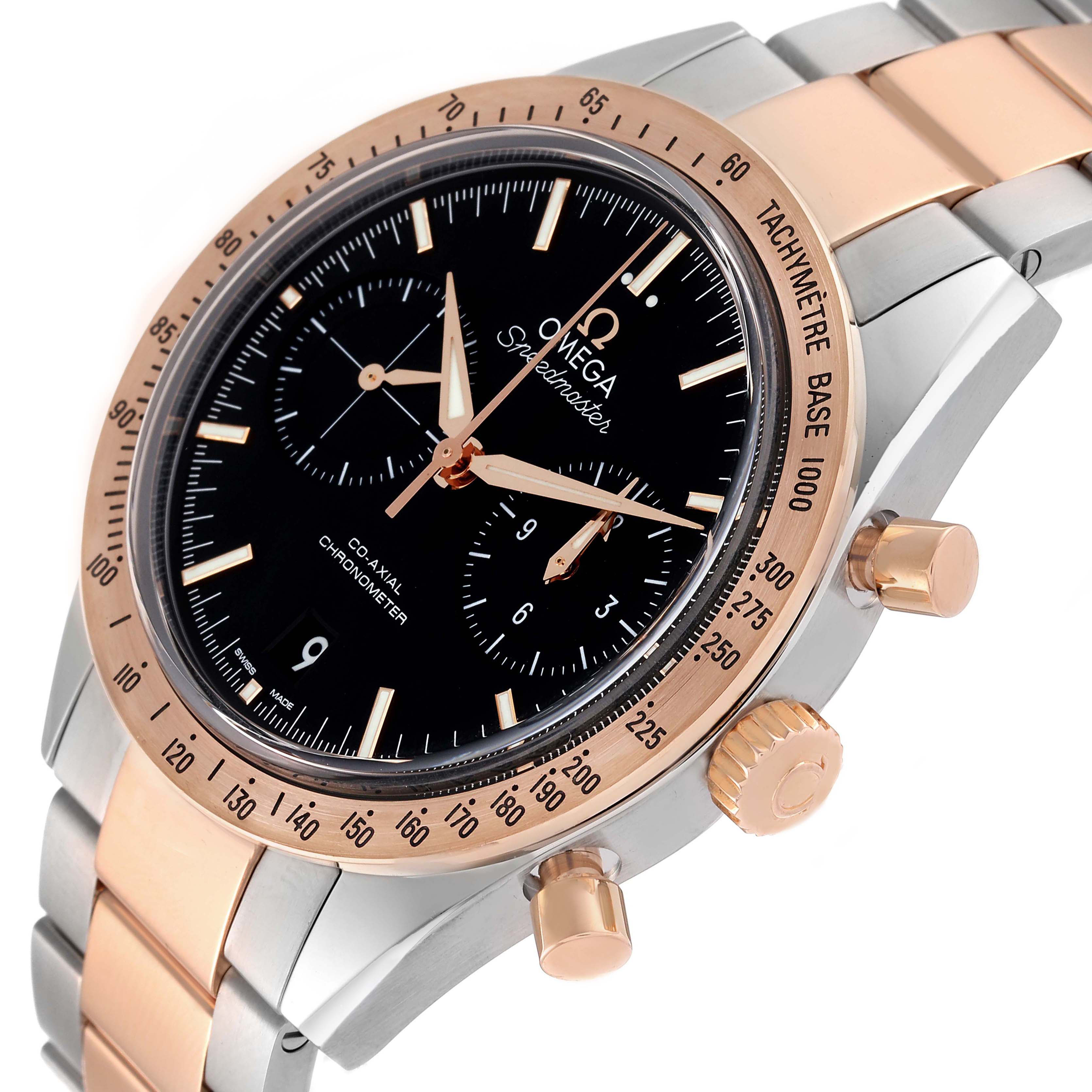 The Omega Speedmaster 331.20.42.51.01.002 Men's Rose Gold Black Dial watch is shown at an angled view, highlighting the face, bezel, crown, and part of the bracelet.